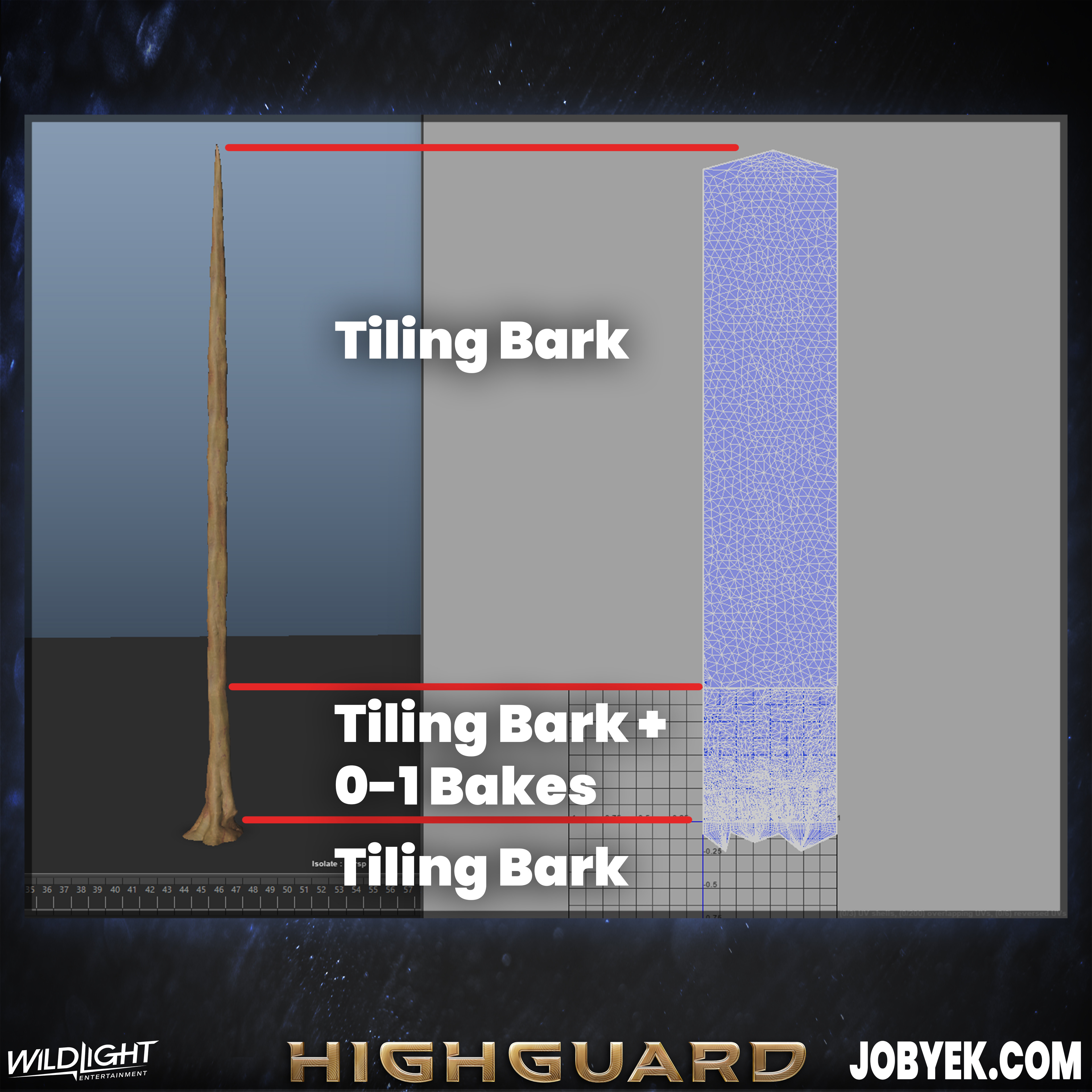Unique Trunk setup that enabled me to share the same tiling bark across 0-1 space and tiled space.