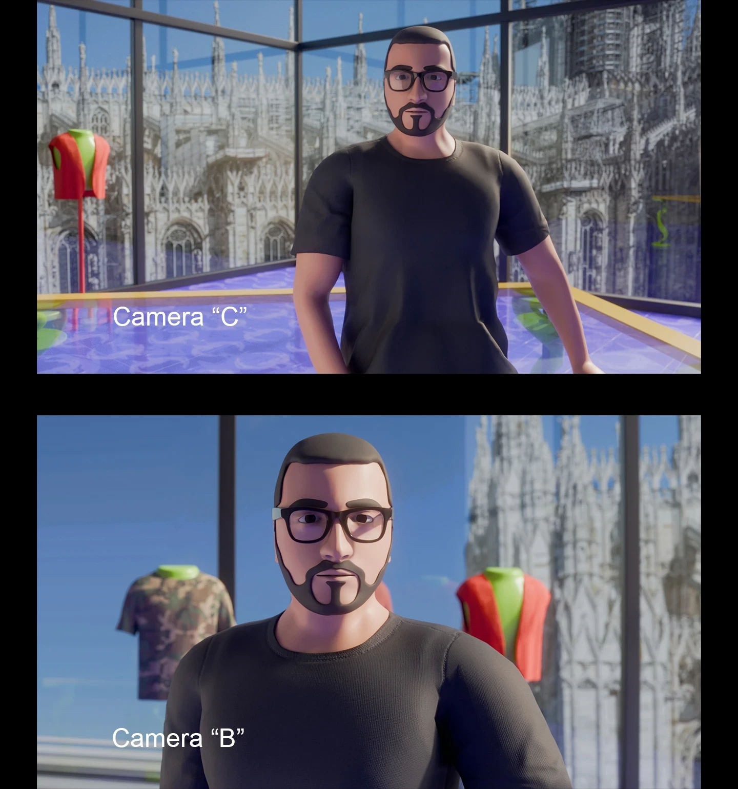 In addition to the main camera, two different angles were rendered to add variations and making cuts easier to manage and visually cohesive.