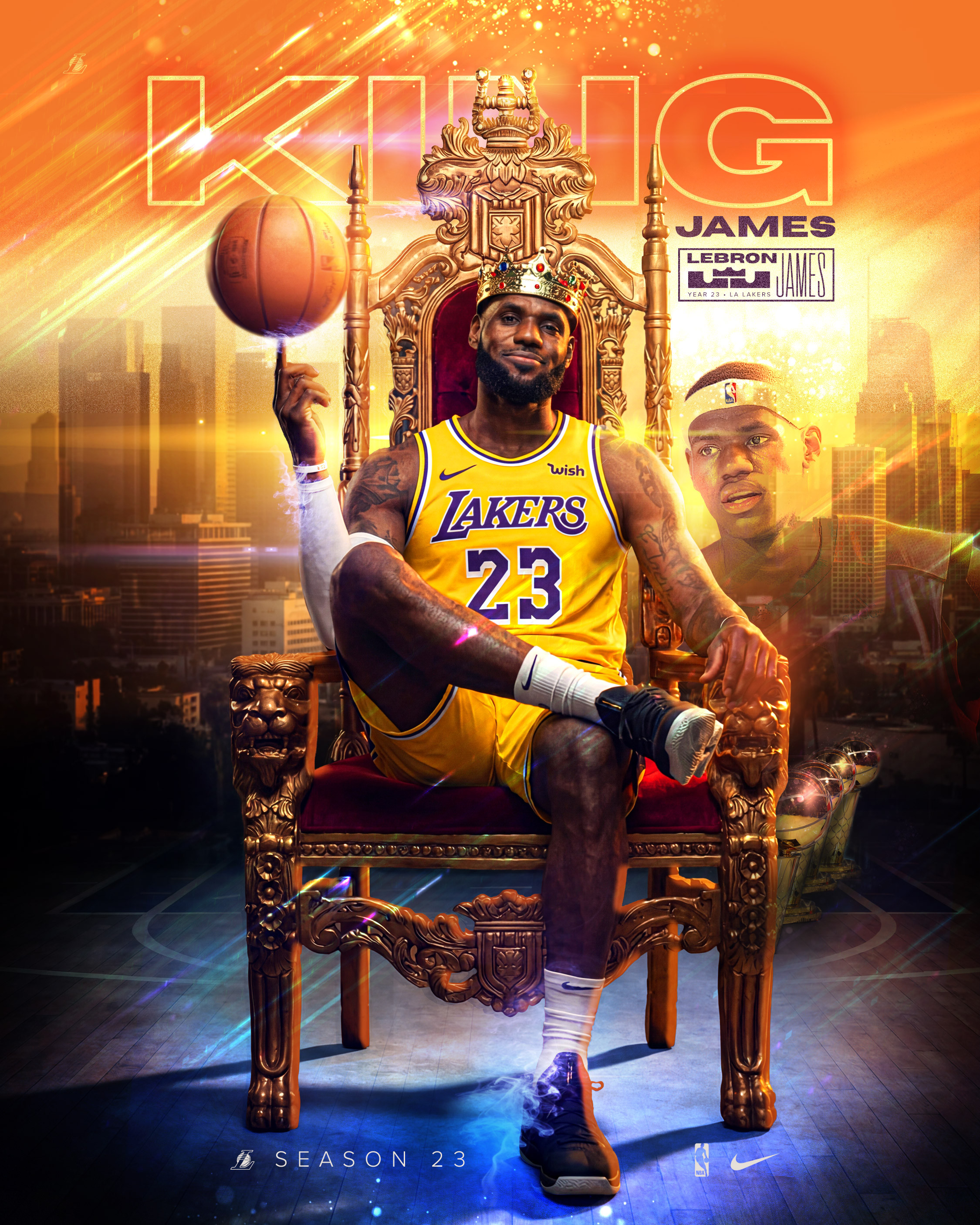 Primary campaign key art exploring LeBron’s legacy through throne symbolism, championship lighting, and a cinematic Los Angeles backdrop