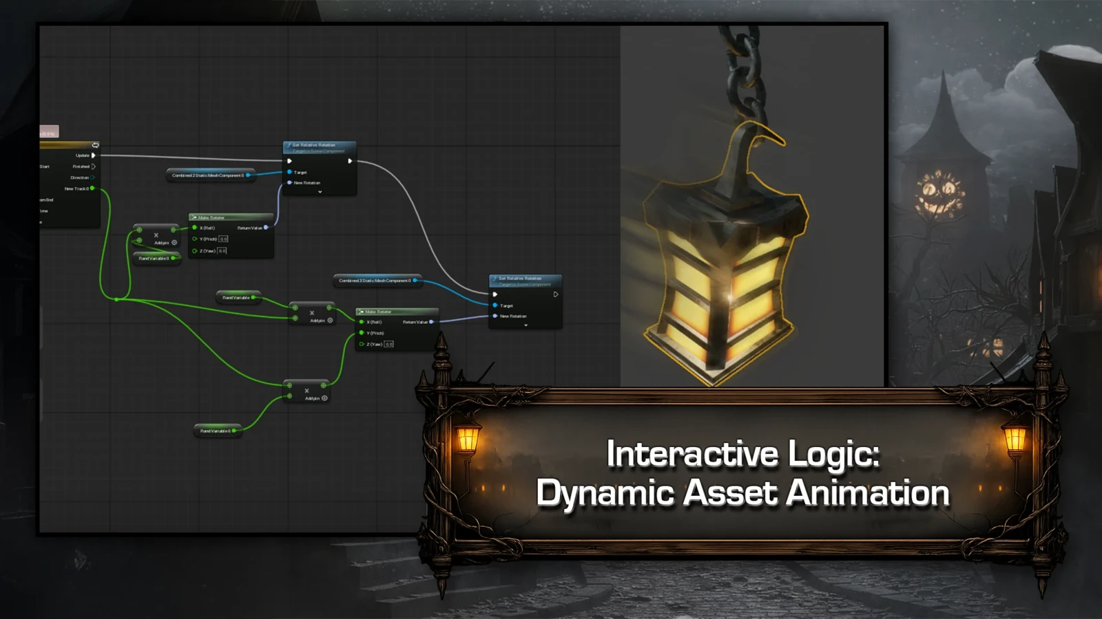 Interactive Logic: Dynamic Asset Animation — UE5 Blueprint motion: swinging lantern animation with variation.