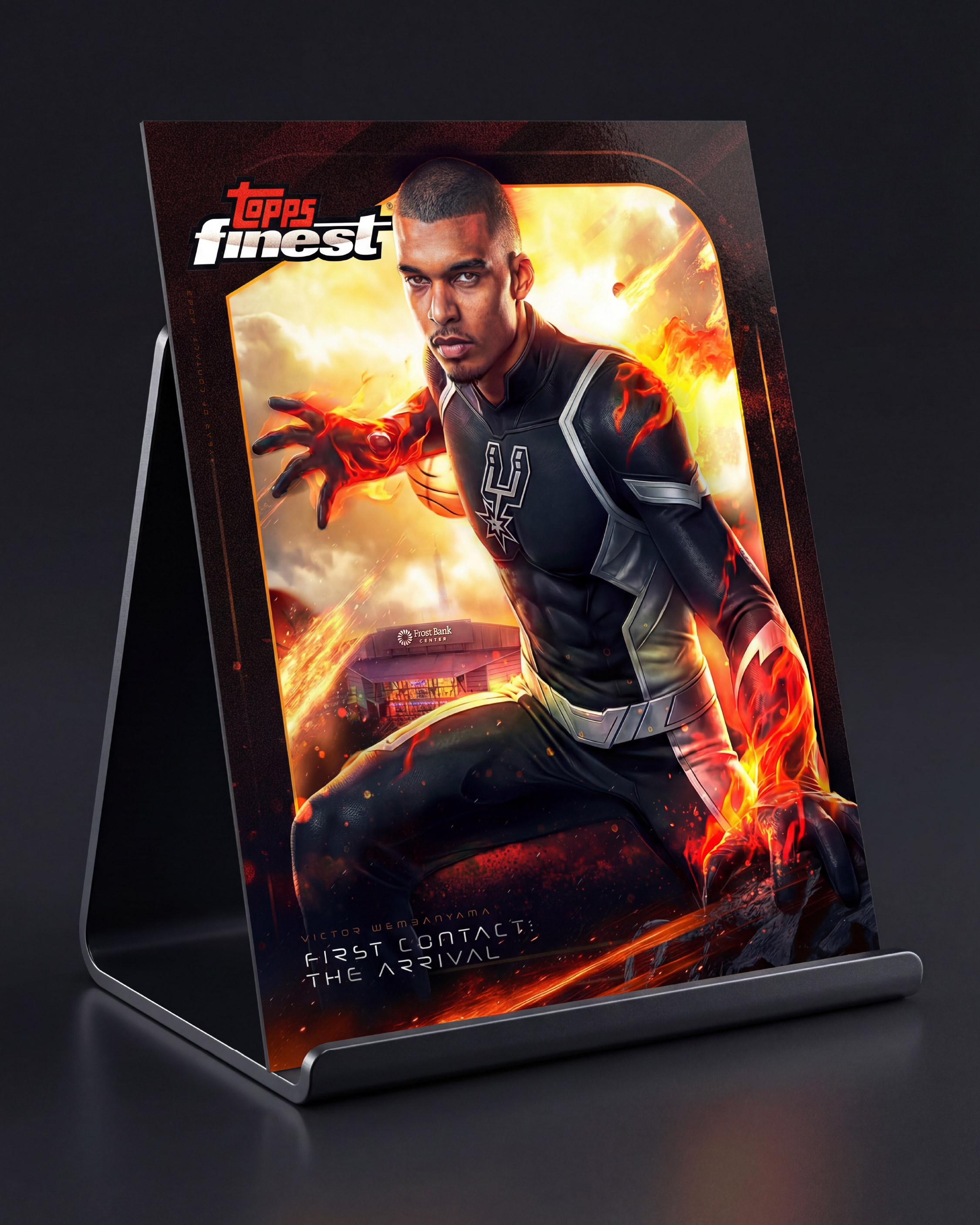 Retail-ready collector stand visualization with metallic rim lighting and high-contrast finish