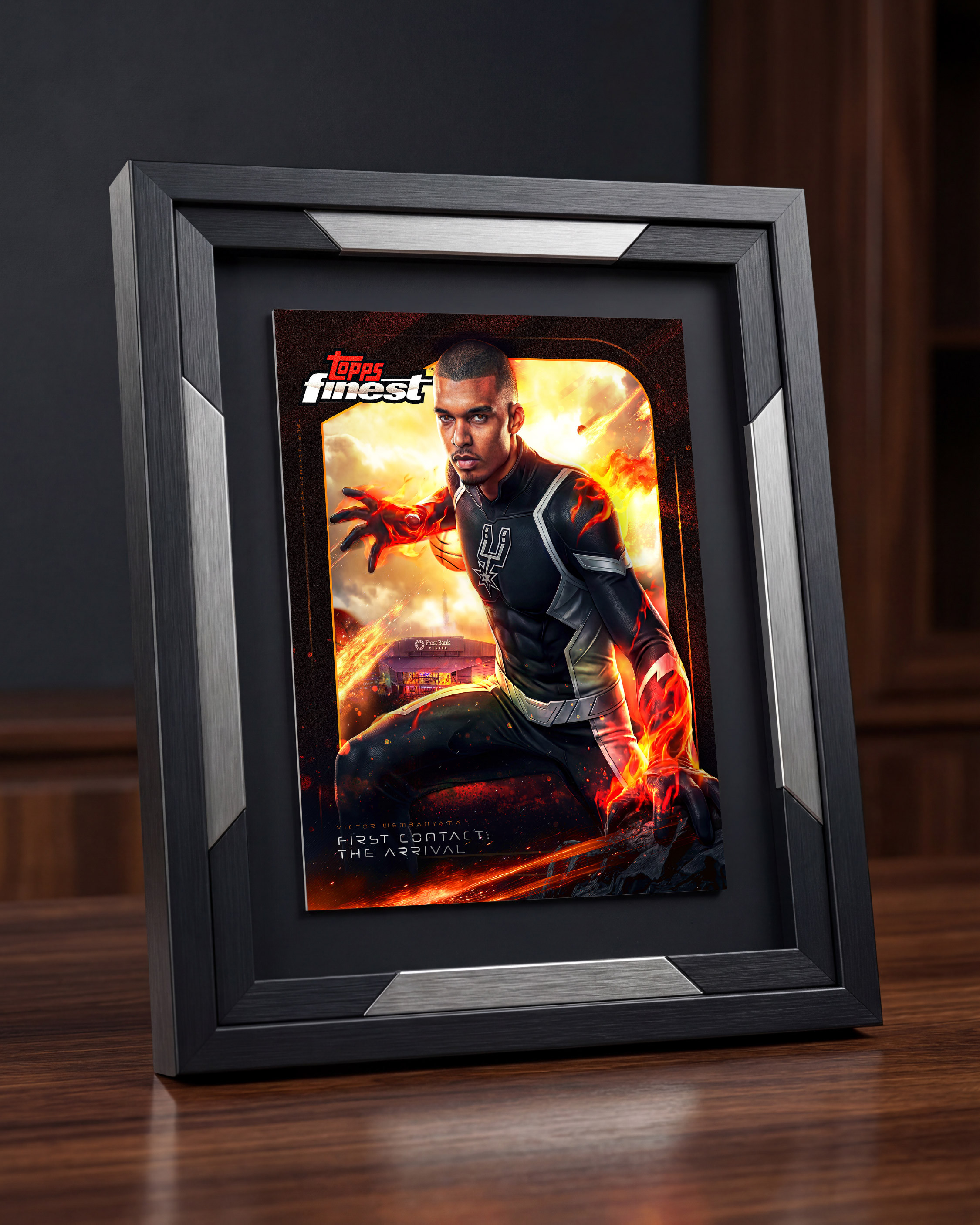 Museum-style framed version intended for wall display. Sports collectible meets fine art presentation