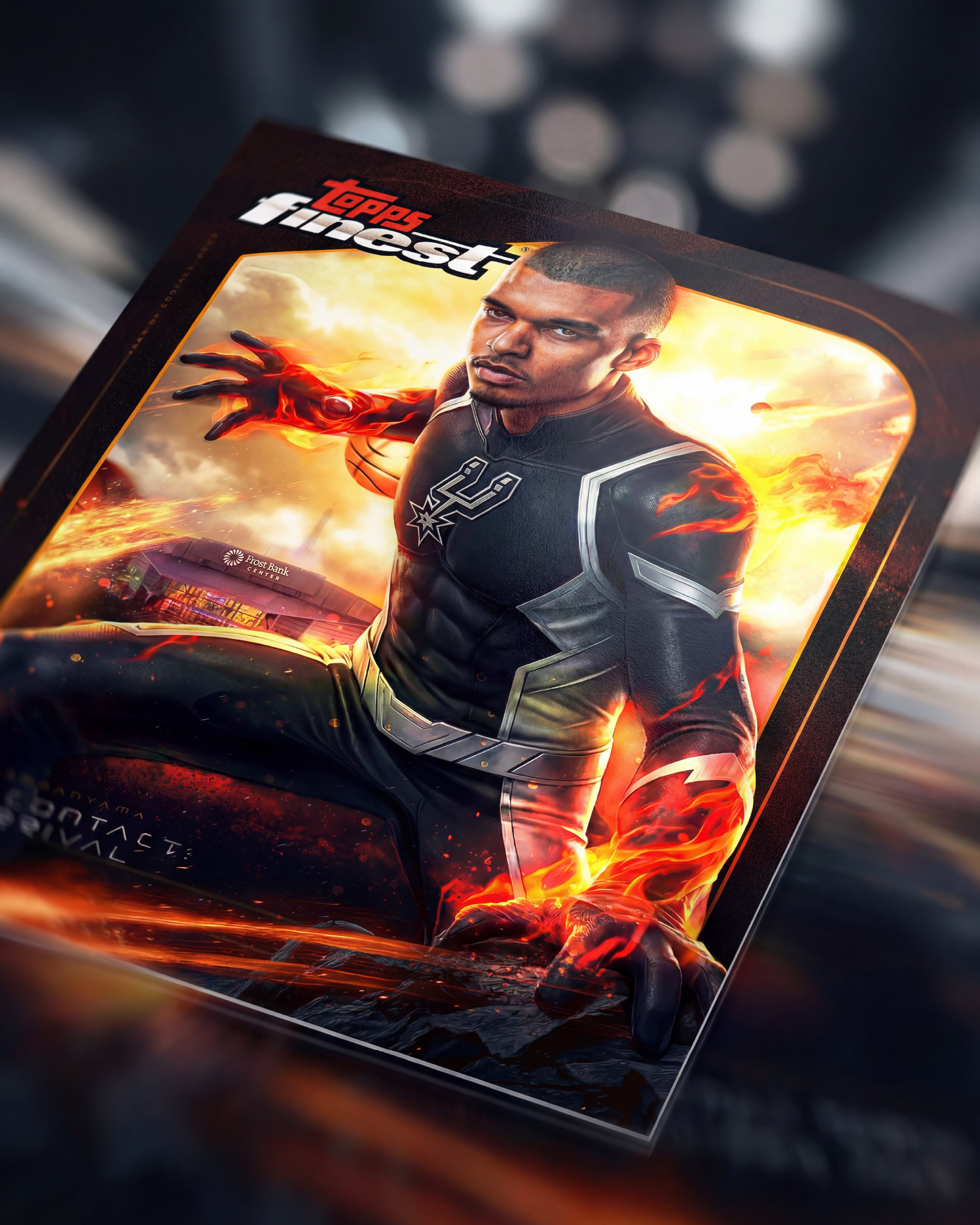 Cinematic angled close-up emphasizing texture, lighting, and energy effects within the card artwork