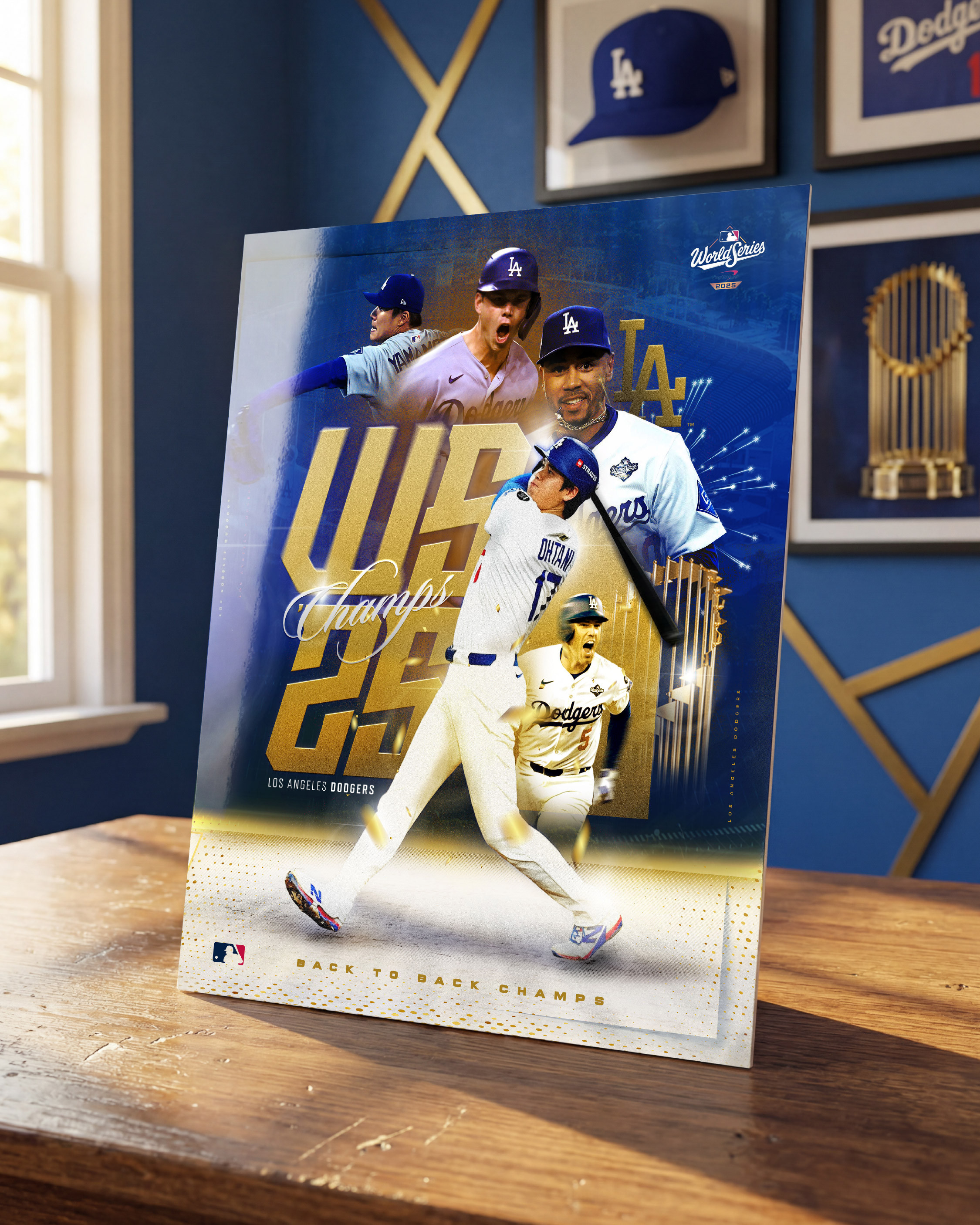 Editorial poster application showcased in a sports memorabilia setting. Focused on print texture, lighting realism, and fan-space presentation