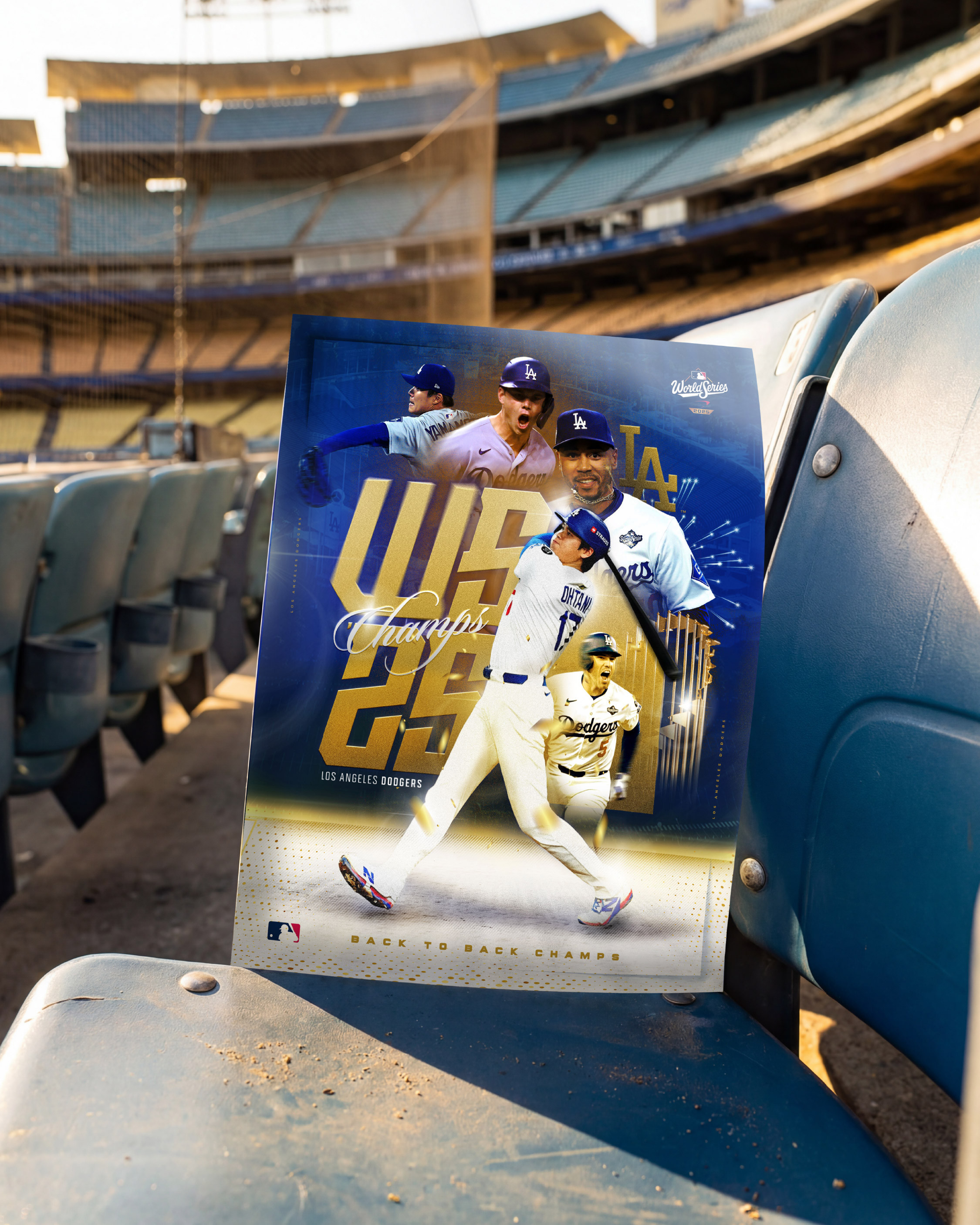 Close-range fan experience mockup showing the key art as collectible stadium print collateral. Focused on immersion and event-day storytelling