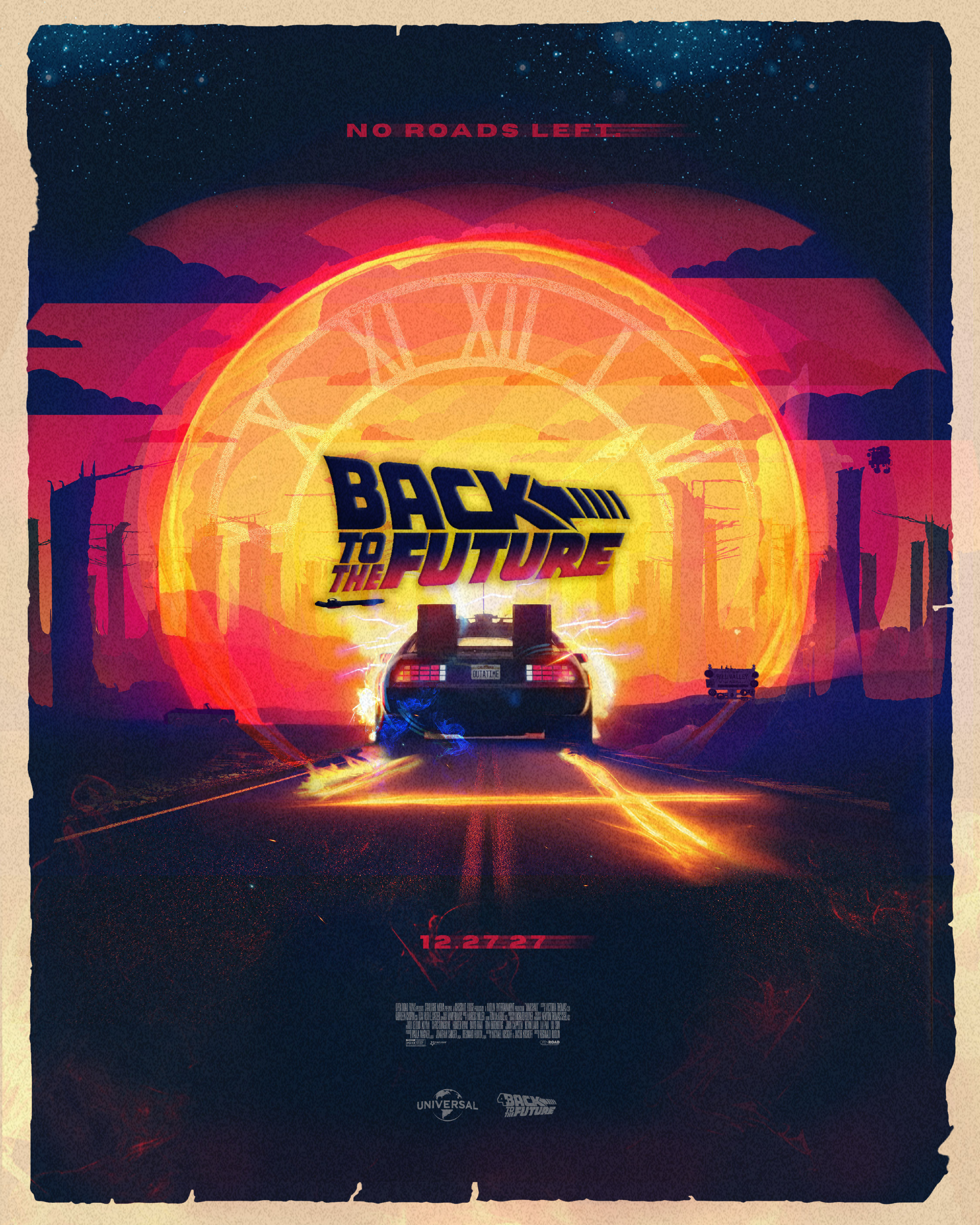 Primary theatrical one-sheet concept featuring the DeLorean accelerating through a temporal rift, framed by a glowing time eclipse and fractured skyline silhouettes