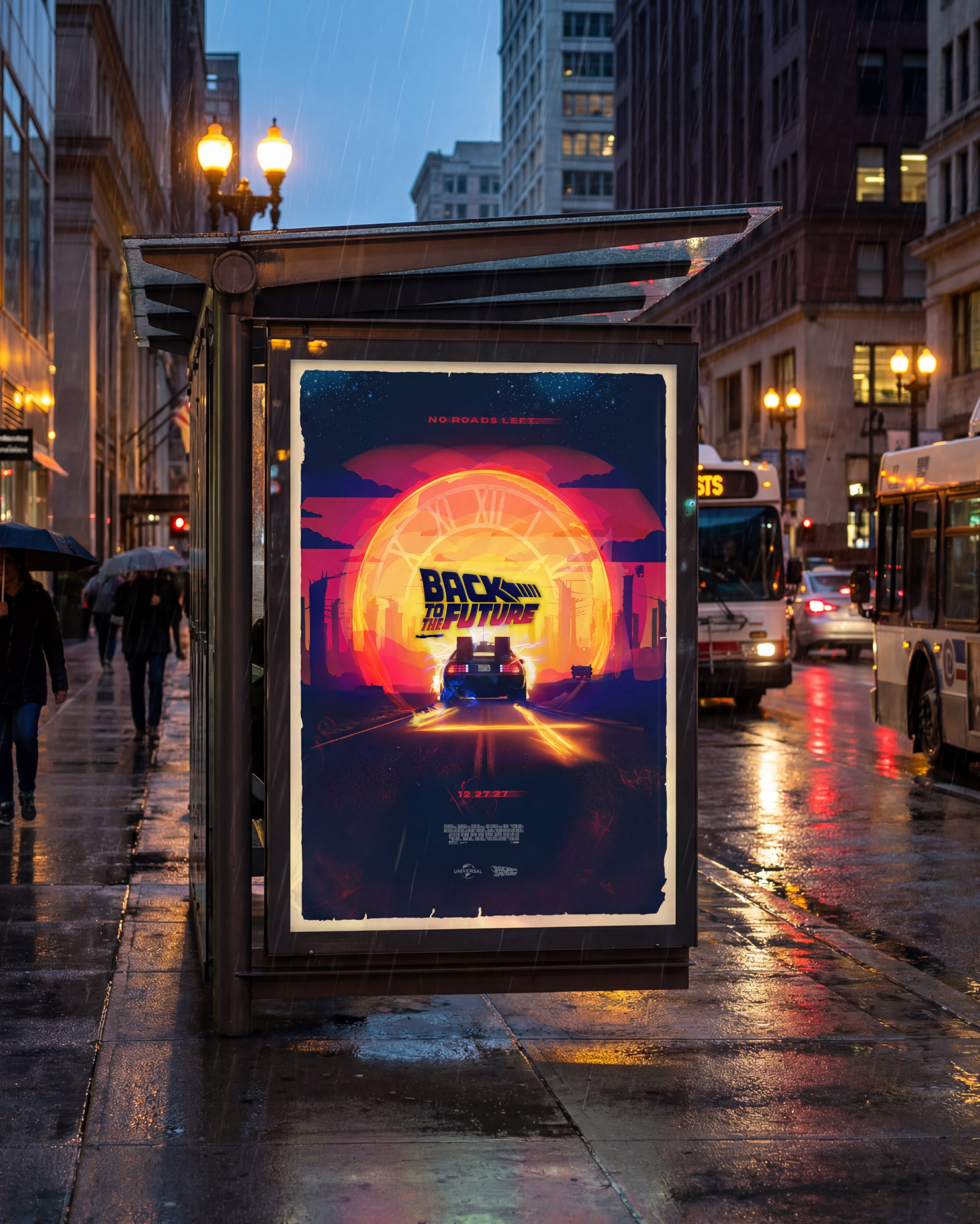 Urban transit shelter mockup highlighting nighttime reflections and cinematic lighting for a grounded real-world promotional feel