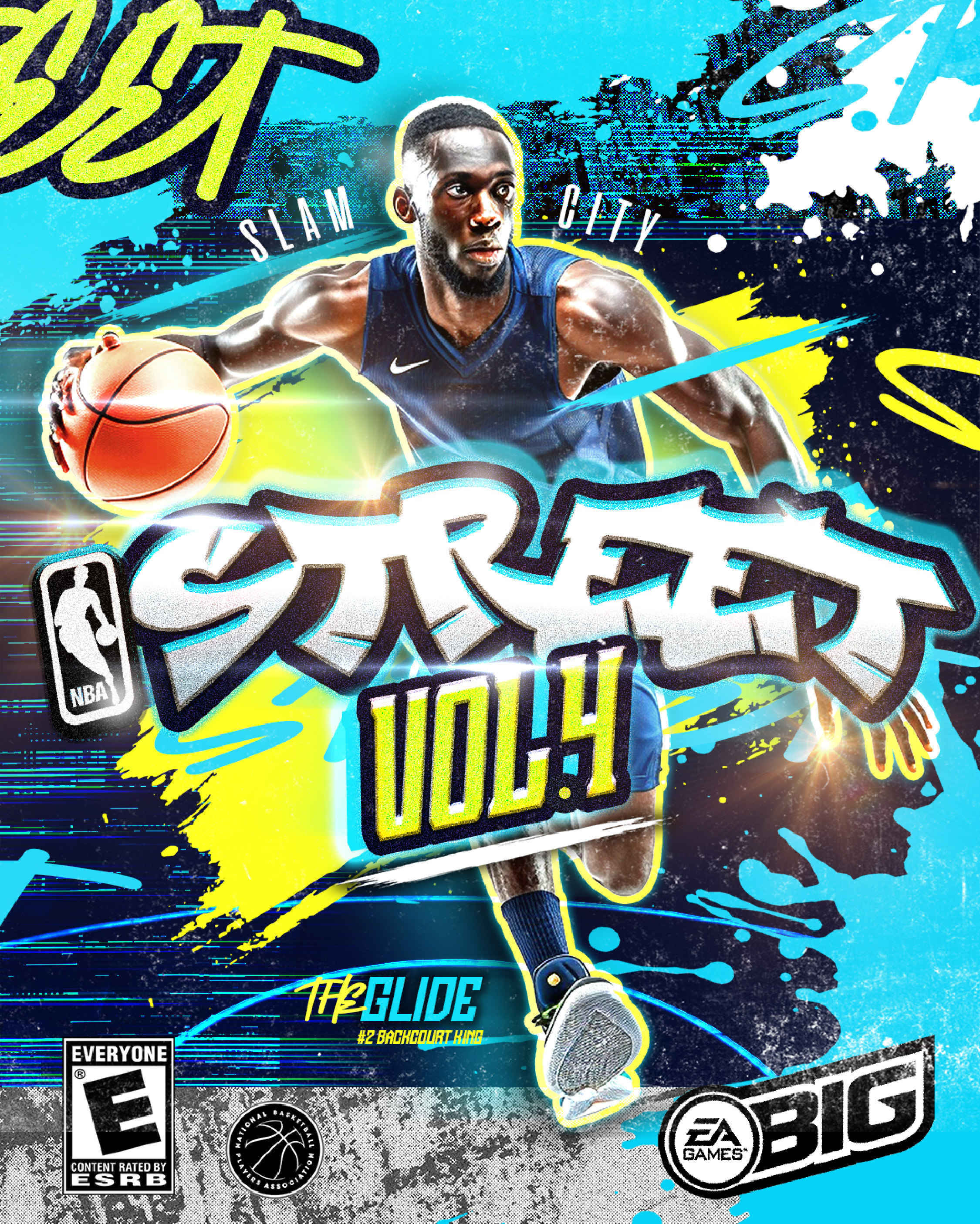 Primary cover design. Graffiti, logotype, neon lighting, halftone textures, and urban paint overlays were used to capture the raw streetball identity of the franchise. Player callout detail was added to ground the arcade aesthetic