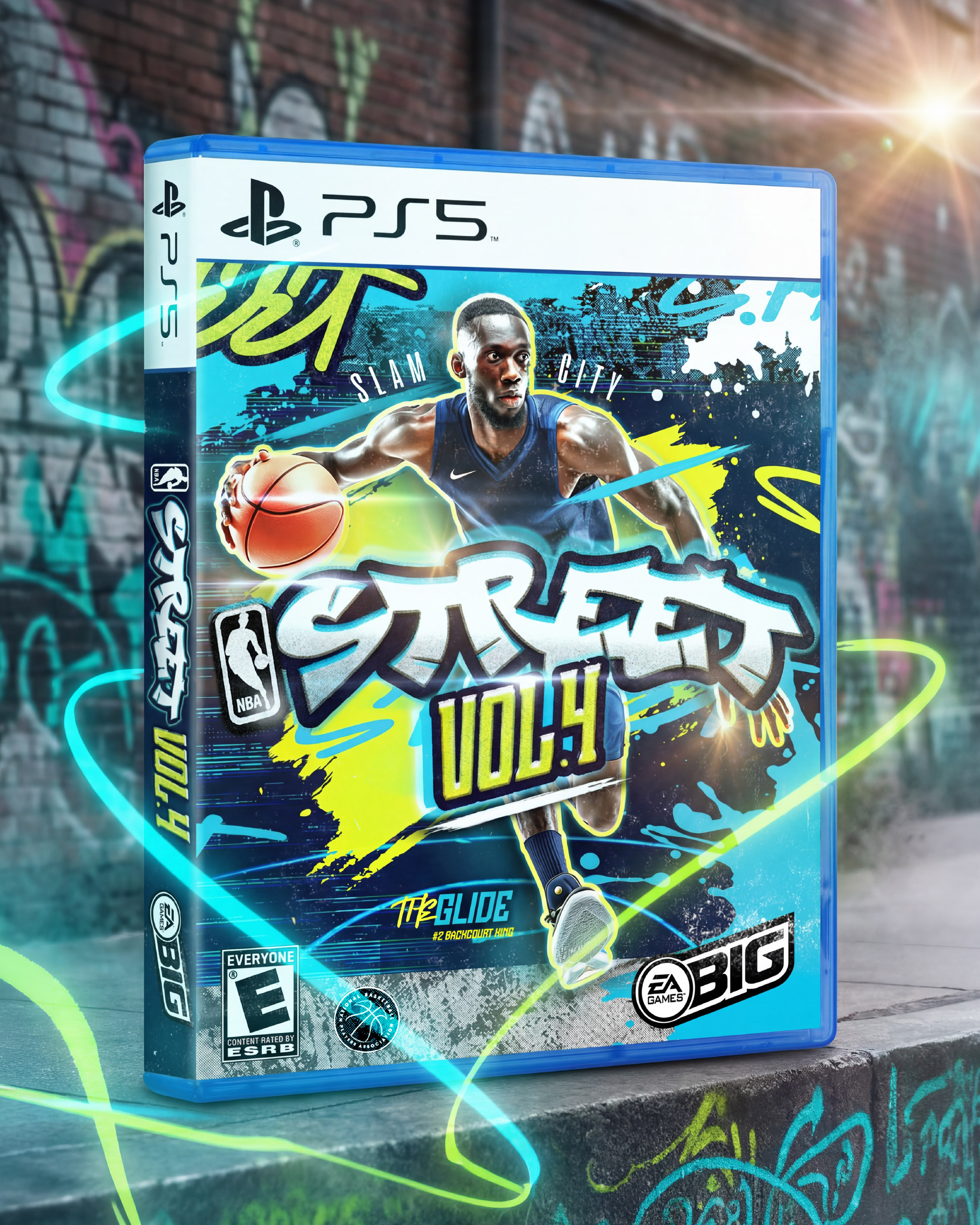 Environmental marketing concept placing the cover within a graffiti-lit urban alleyway. Neon streak lighting and street textures reinforce the cultural roots of the NBA Street franchise