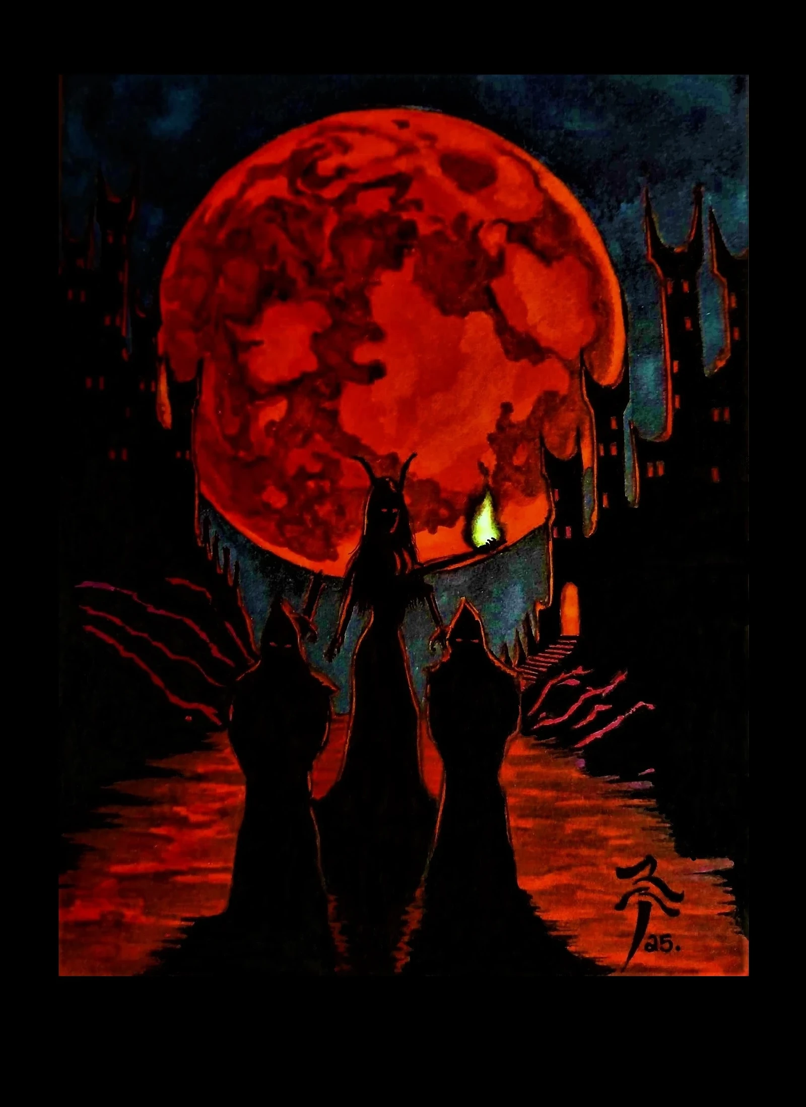 'Blood Moon Rises'🔴💀
'The Grand High Witch Summons'👄😈⚔️😈
Final Ink Drawing (26/09/2025).✍️🖊️✒️🎨😉