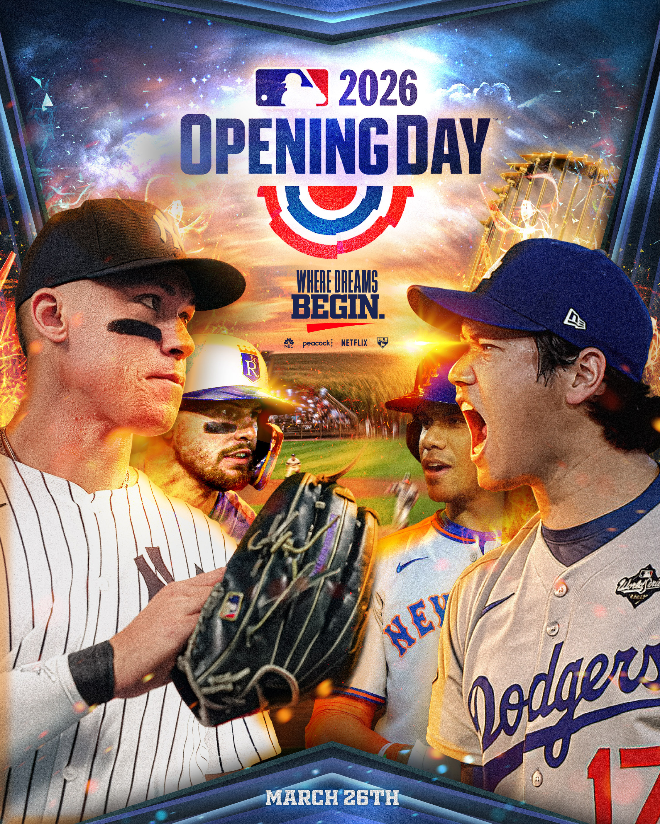 Official campaign key art concept for MLB Opening Day 2026. Rivalry meets mythology as the season begins