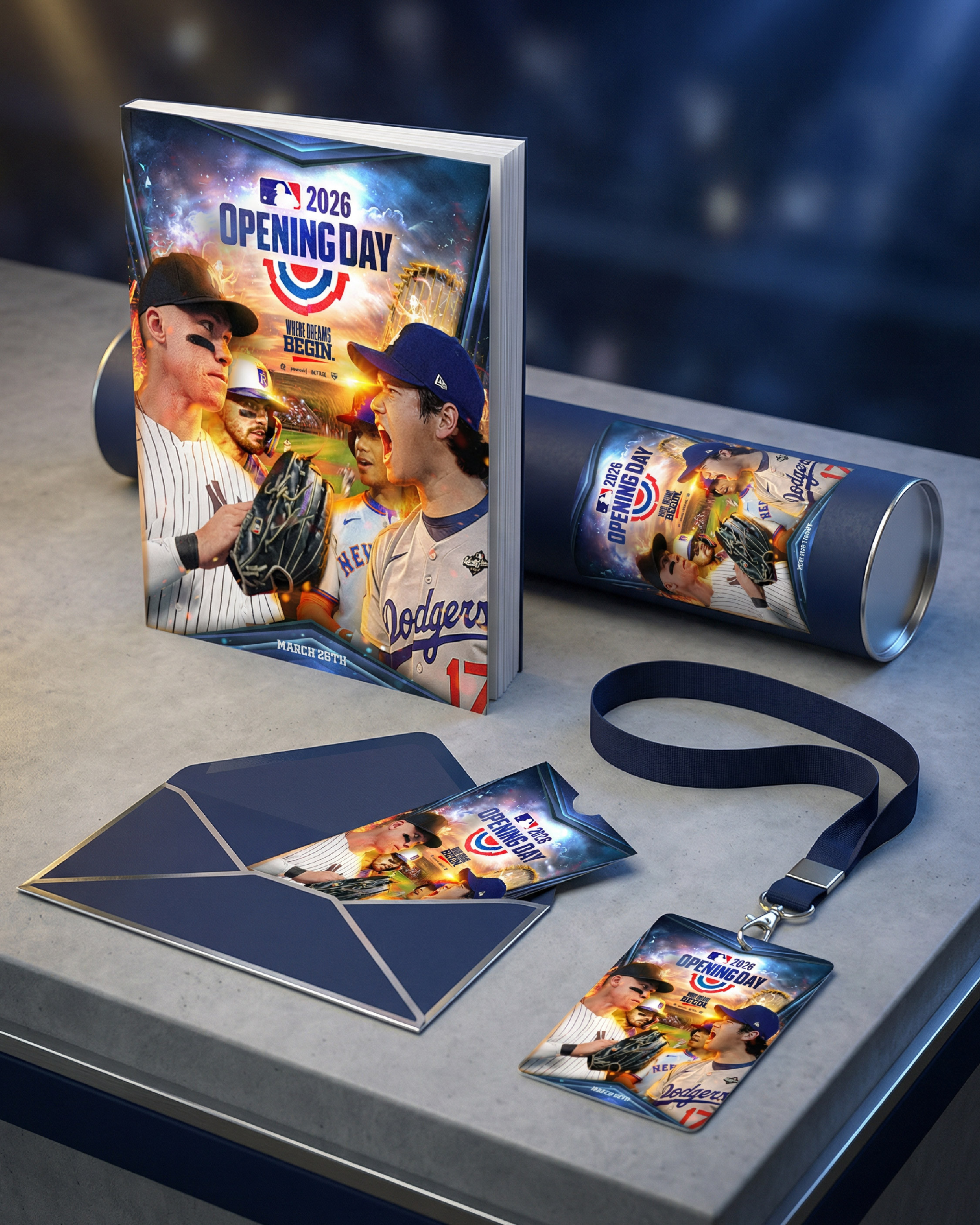 Opening Day program, poster tube, ticket envelope, and credential badge presentation
