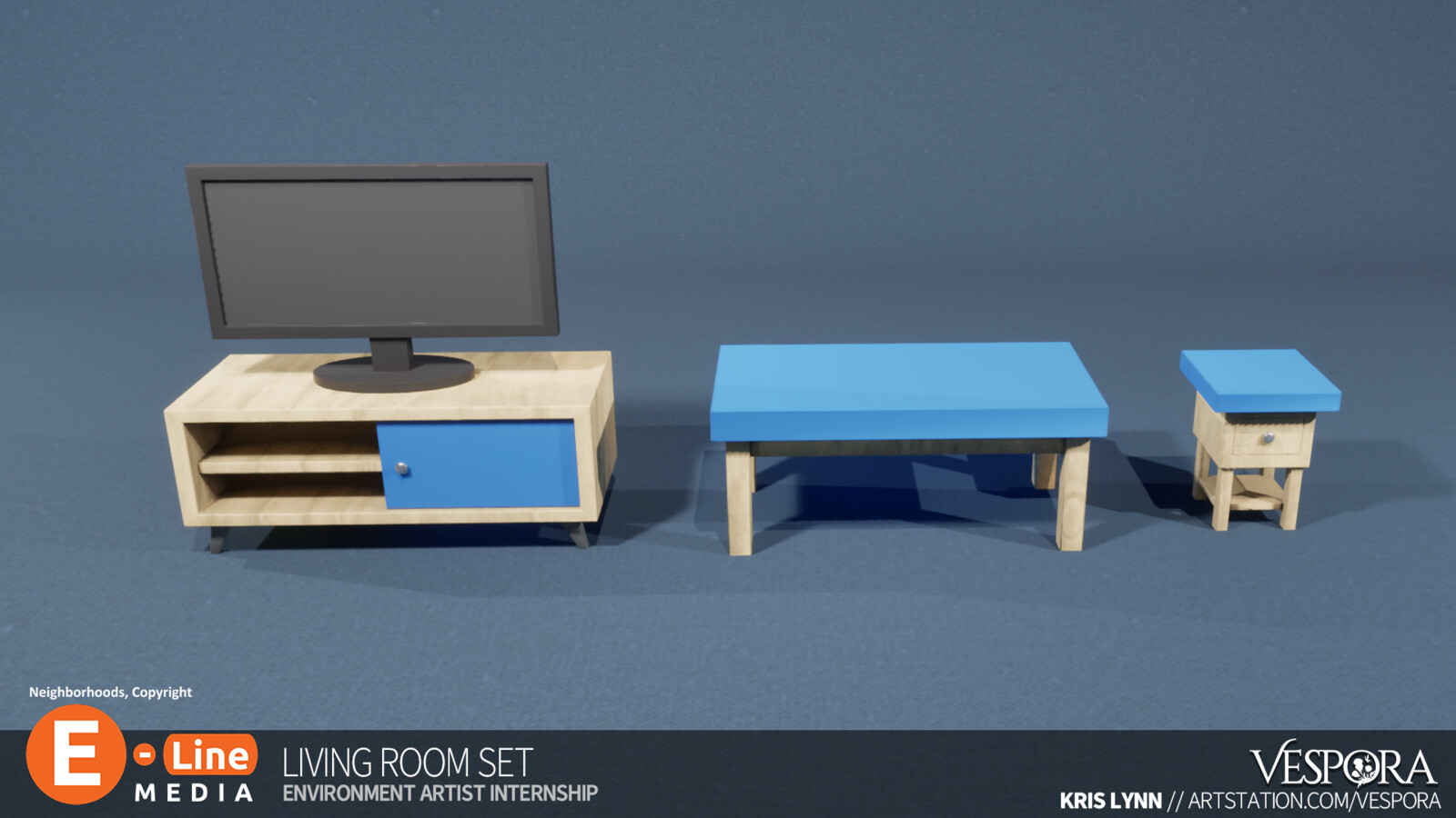 Living Room Set Props. The TV posed a unique and unexpected challenge with regards to achieving the realistic plastic reflectivity.