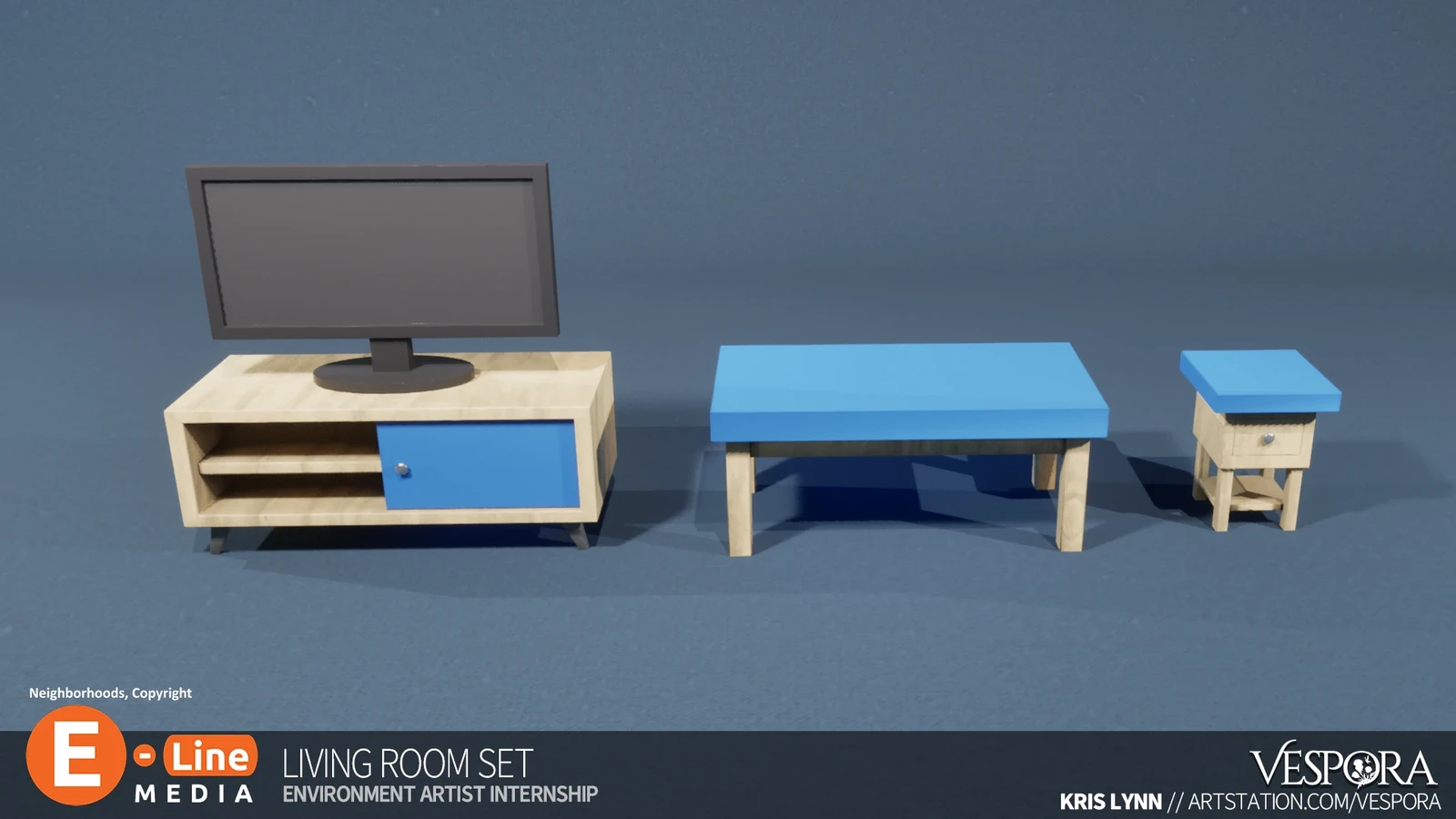 Living Room Set Props. The TV posed a unique and unexpected challenge with regards to achieving the realistic plastic reflectivity.