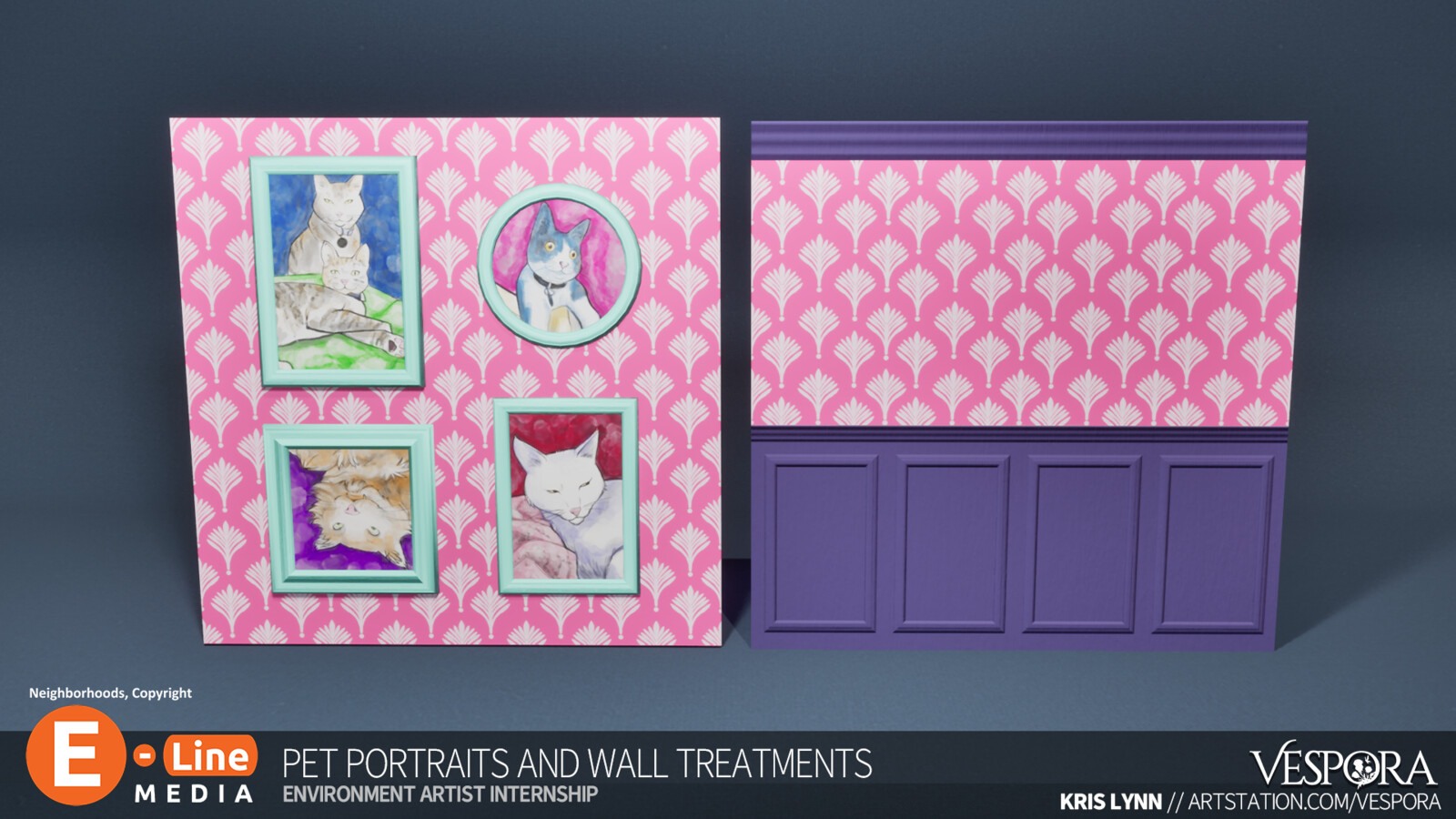 I had the chance to use the team's adorable pet photos and use them as caricatures in wall-art in-game! So much fun. The Wall treatments accepted in-game tinting as well.