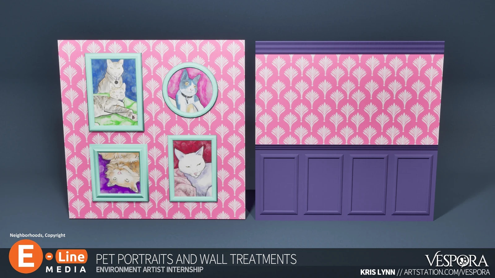 I had the chance to use the team's adorable pet photos and use them as caricatures in wall-art in-game! So much fun. The Wall treatments accepted in-game tinting as well.
