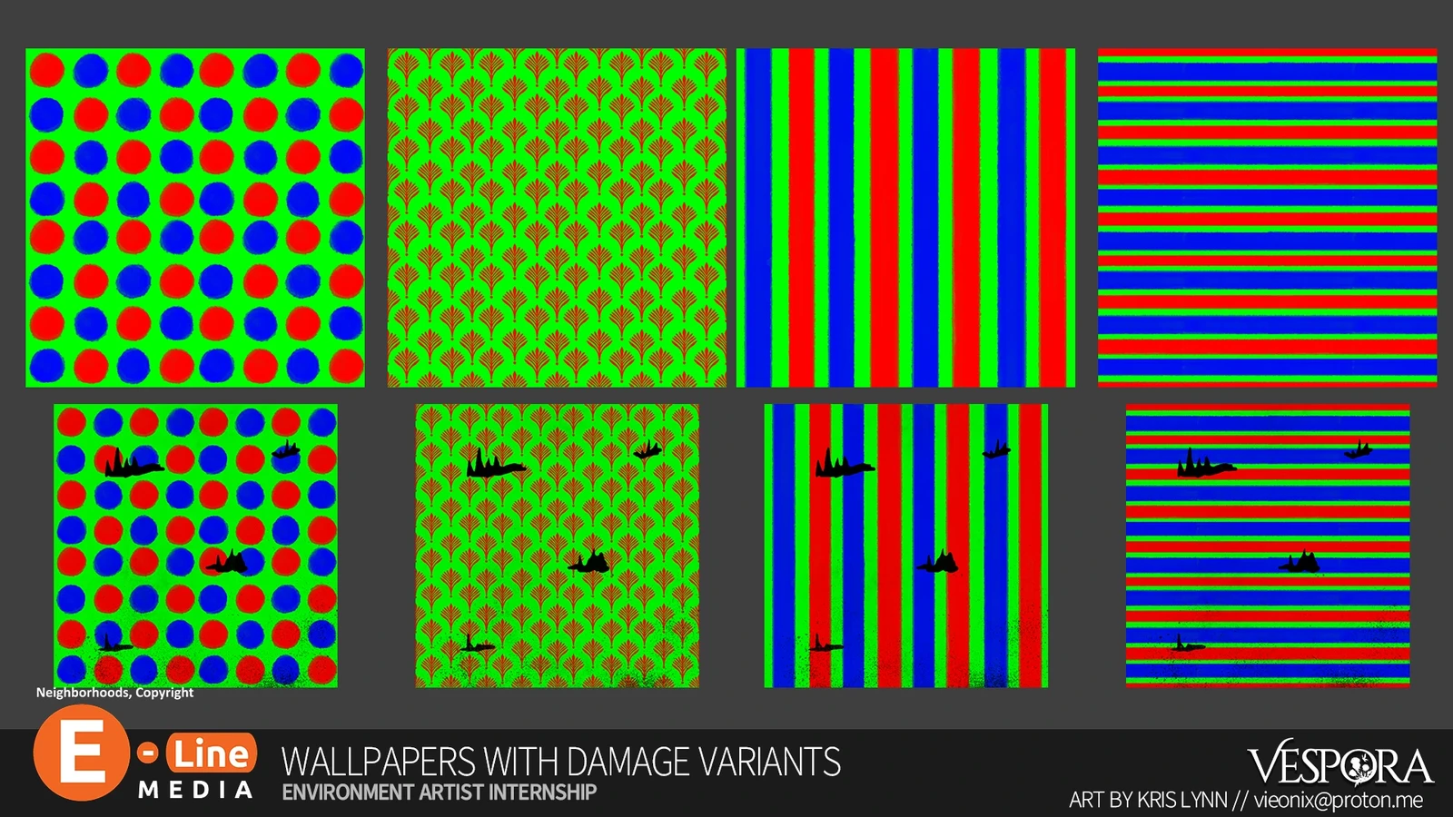 A look at the RGB masks and the damage variants. Making these materials so in-game modular was one of my favorite parts of the work!