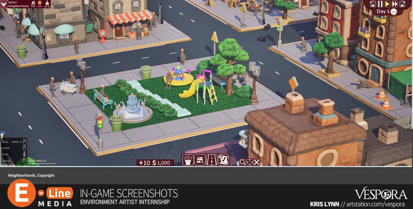 In-game screenshot featuring the Playground, Park Bench, and Fountain Props