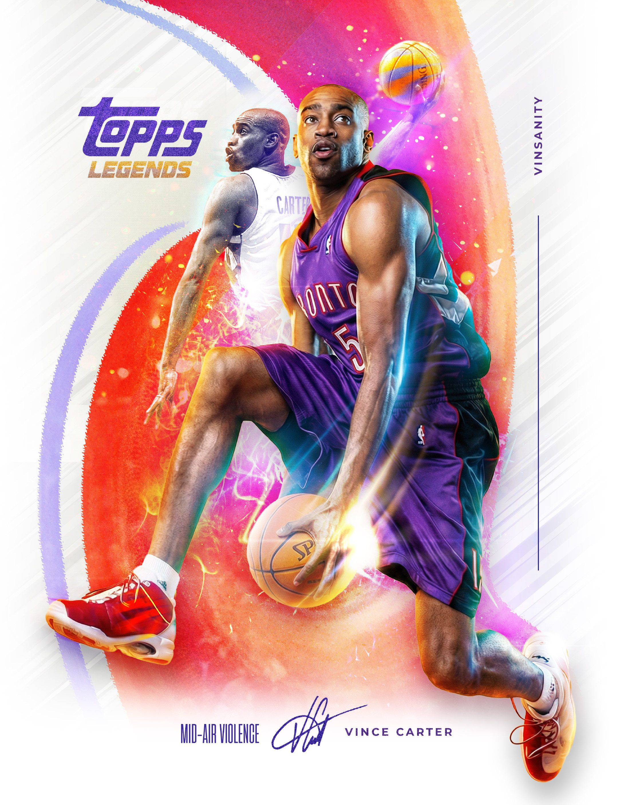 Primary concept trading card celebrating Vince Carter’s legendary aerial dominance. The design captures the energy and explosiveness of Carter’s dunking style through layered motion, lighting effects, and dynamic composition