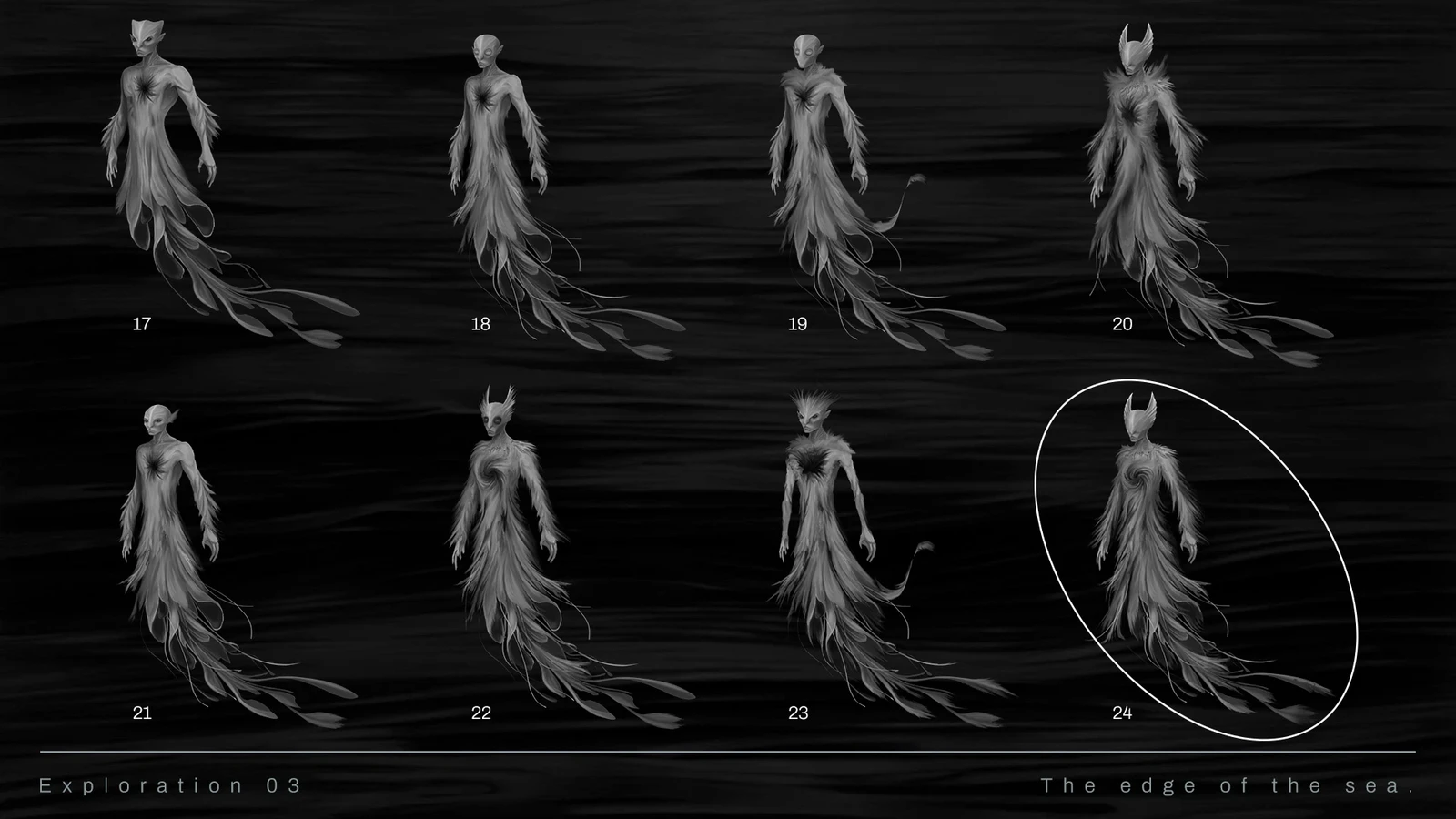 Sketch 03
For this moment, I wanted to try a fabric and seaweed effect on the torso, a mix between creature, vestige, and residue. But I think adding this sense of abyss in the chest was what unlocked it.