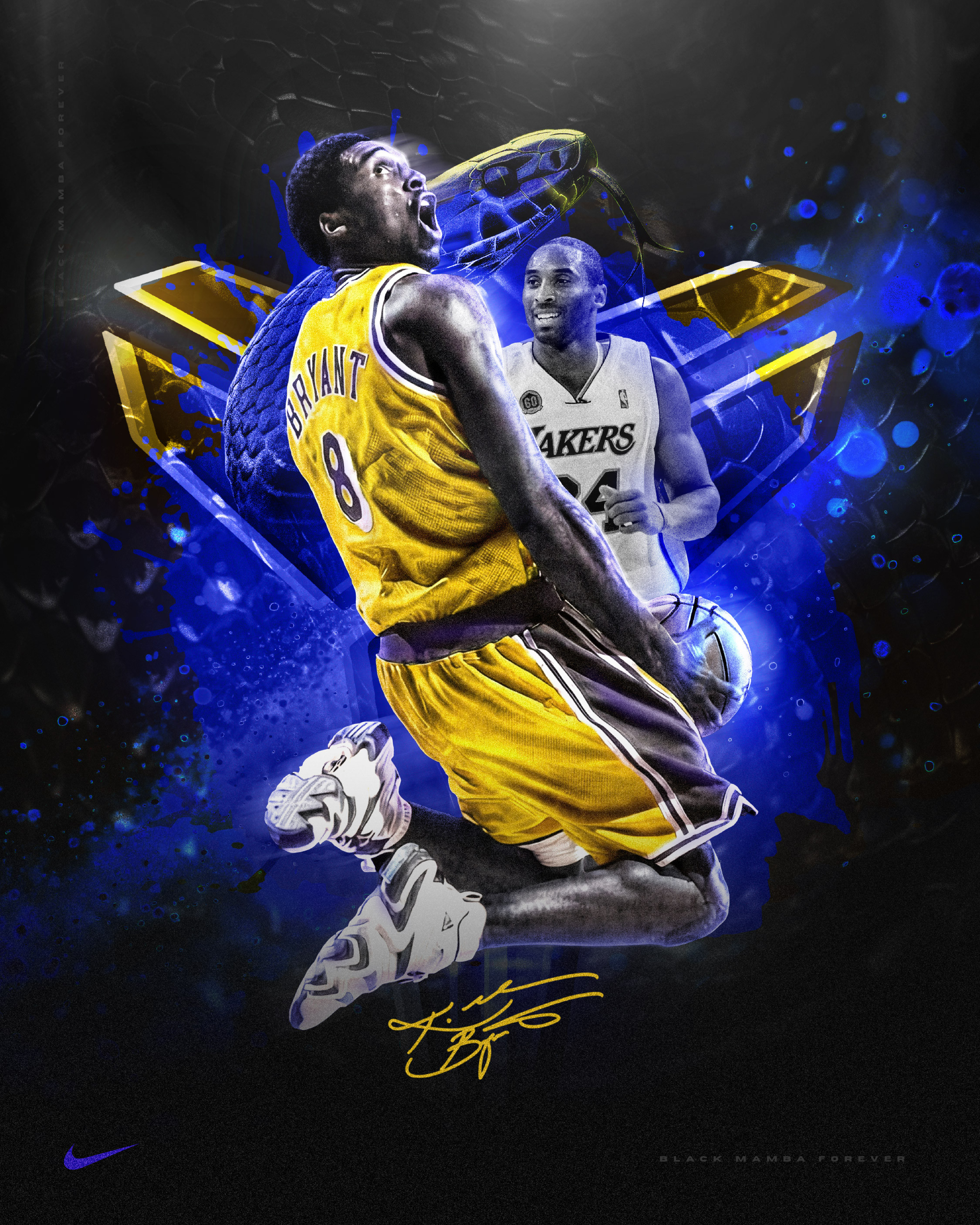 The main poster design highlighting one of Kobe Bryant’s signature dunk moments. The composition blends two eras of Kobe’s career while incorporating subtle Black Mamba symbolism through lighting, texture, and environmental elements