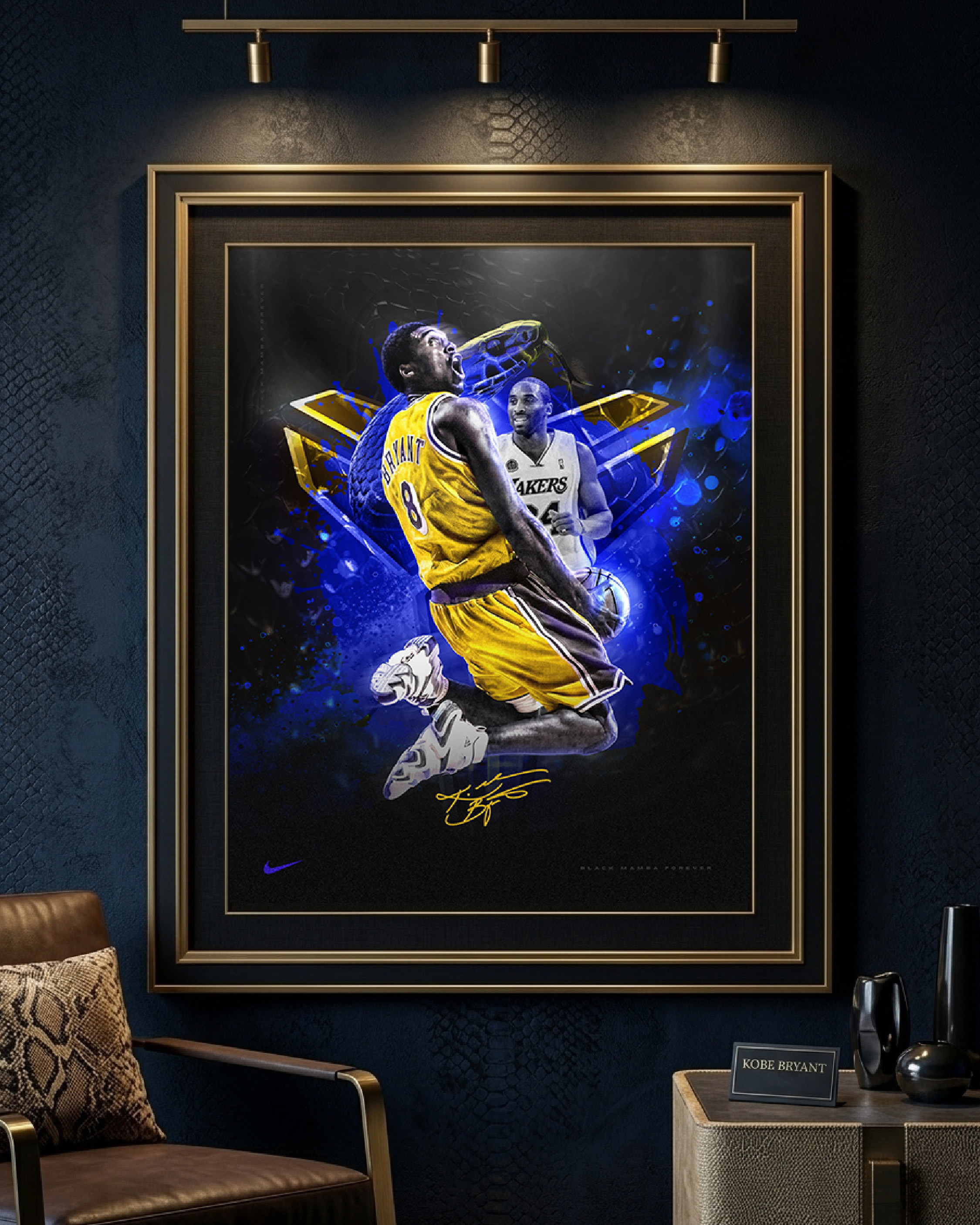 A museum-style gallery mockup presenting the poster as a framed collector piece, designed to evoke the look and feel of high-end sports memorabilia displayed in private collections or sports lounges