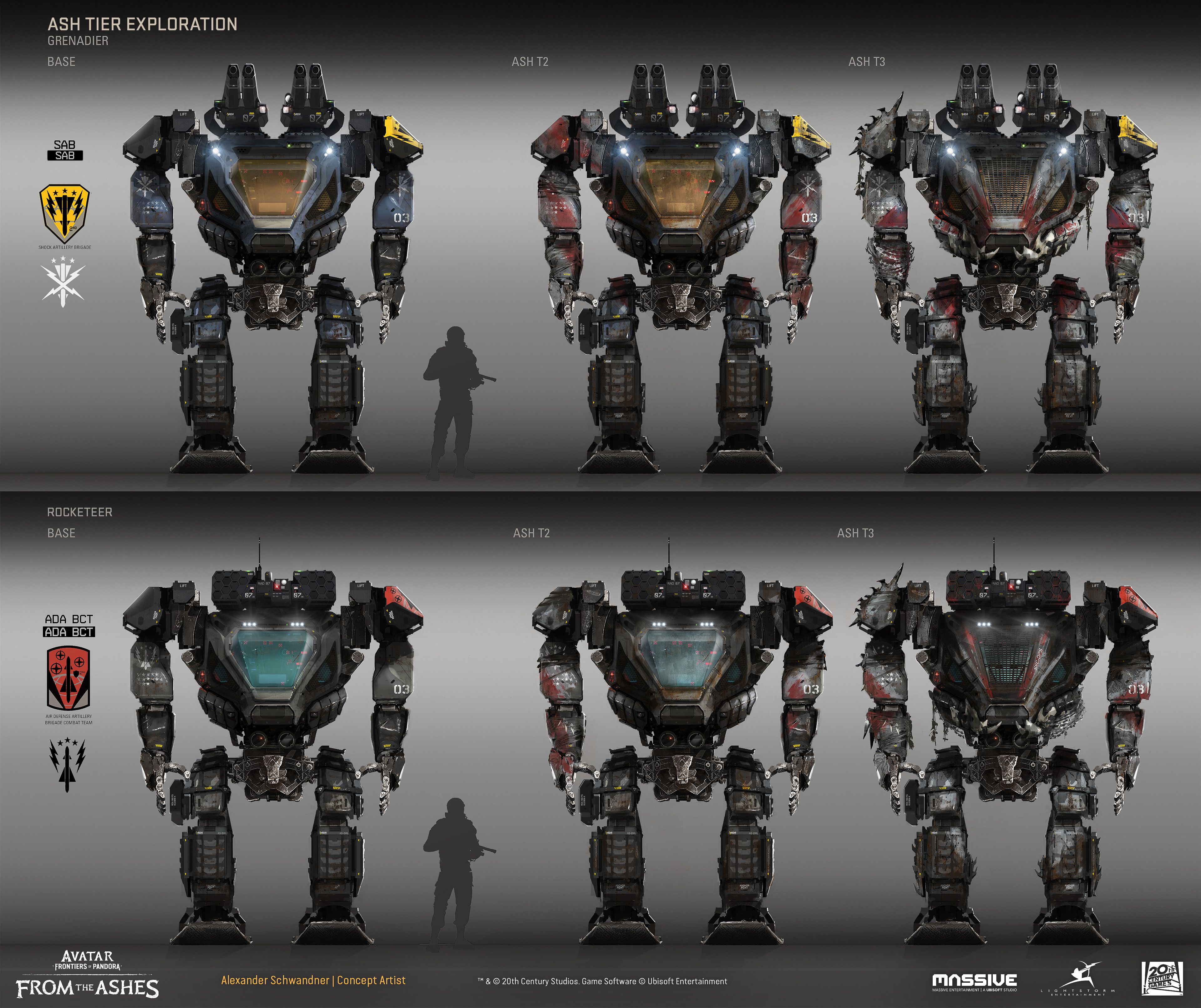 exploration sketches for ash treatment on Grenadier and RPG AMP archetypes