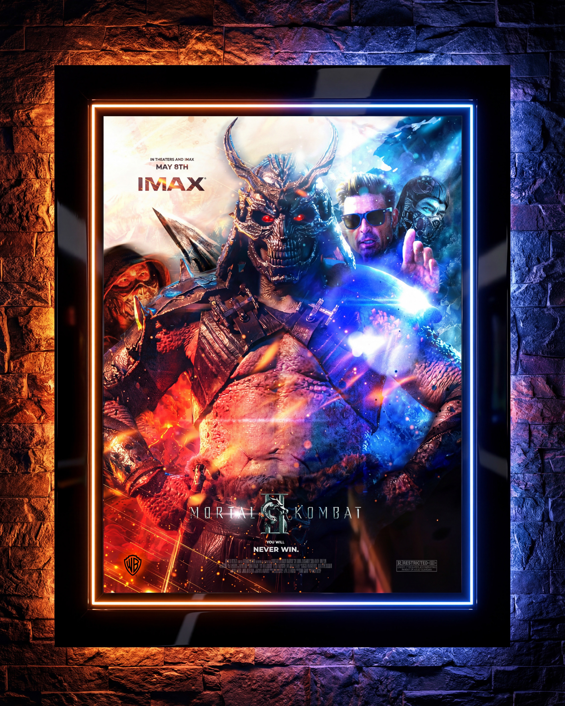 Theater lobby frame mockup. The orange and blue neon surrounding the frame was a deliberate choice - it mirrors the fire and ice split of the poster itself and extends the visual language of the campaign into the environment