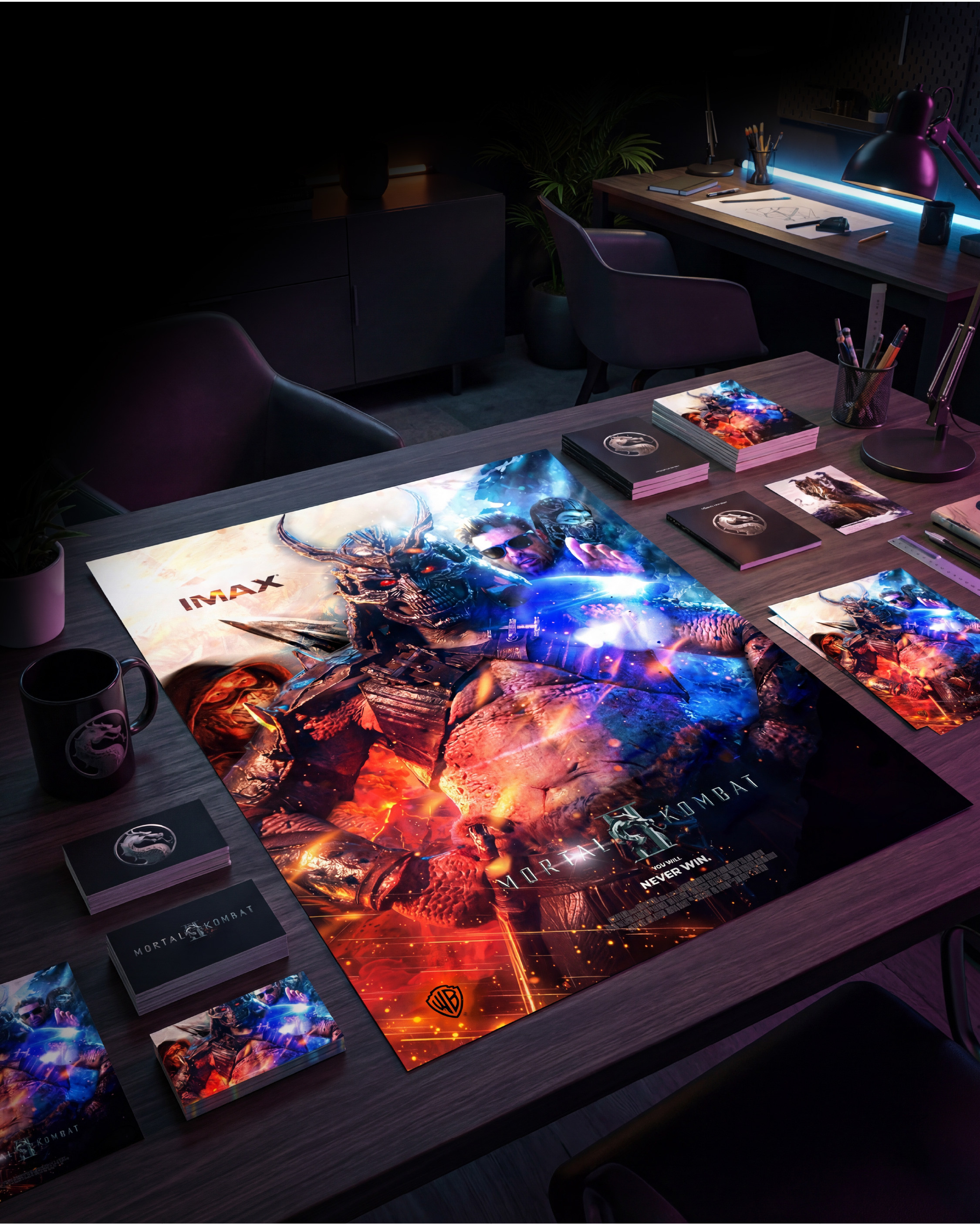 Full campaign marketing suite. Poster, business cards, brochures, books, branded mug. This slide is about showing the creative system, not just the poster. A real campaign lives across every touchpoint and this is what that looks like