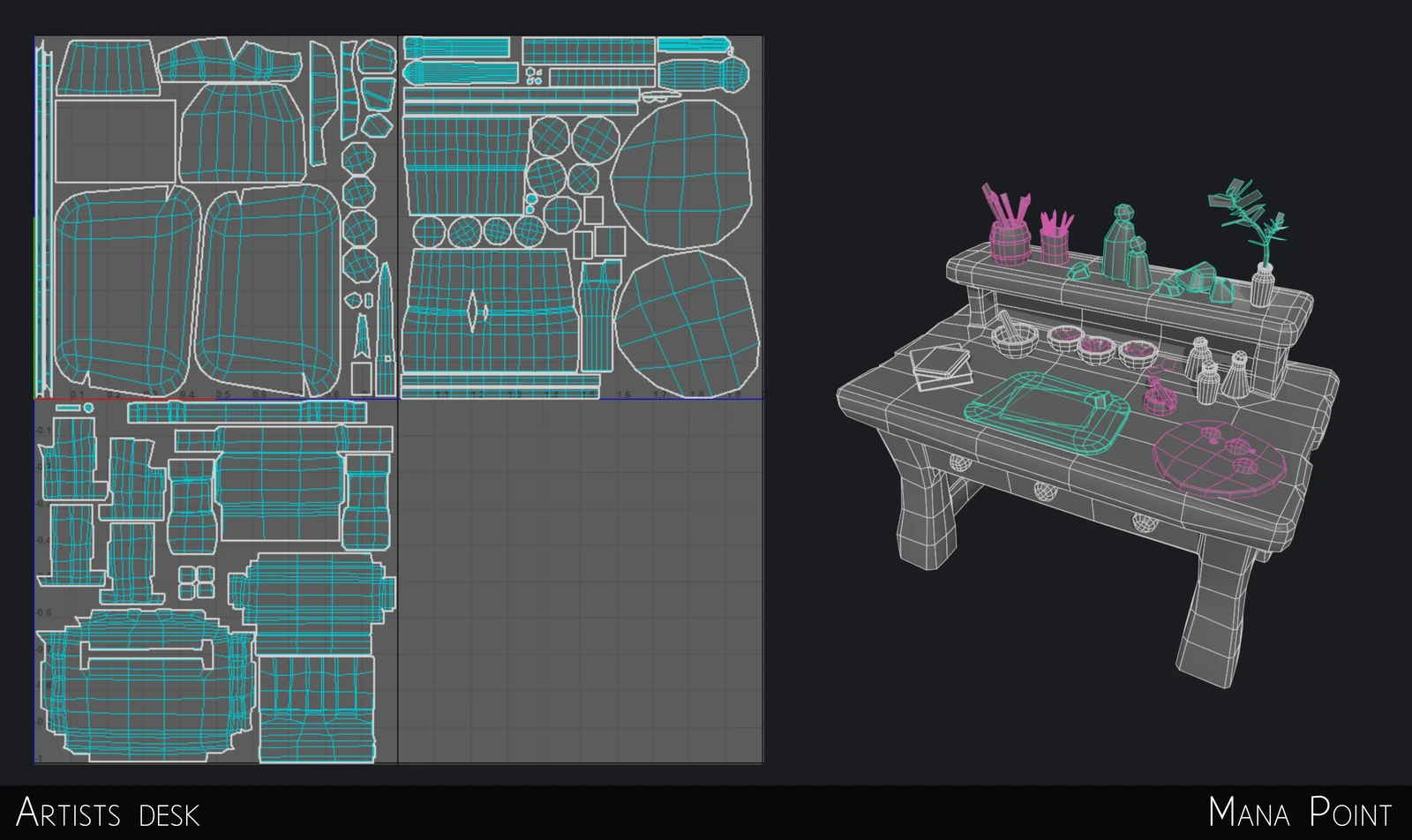 Creating separate UVs for different groups allowed us to use less file space when it came to texture sizes, without sacrificing quality, using much smaller texture files for props.

Props without a colour are re-used from other places in the game. 