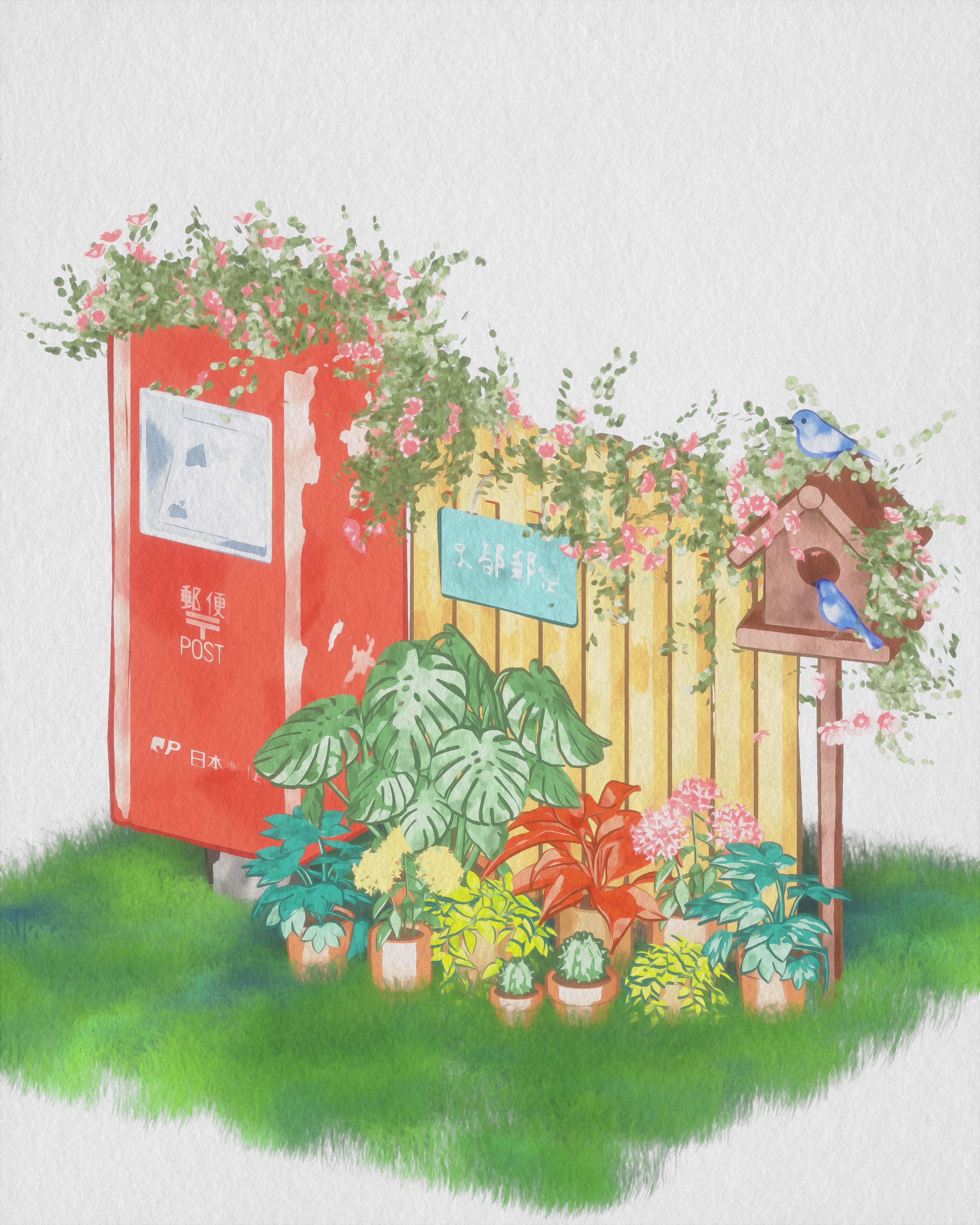 Letters from Kitano main view
Inspired by the charming Kitano Post Office in Kyoto.
Watercolor style illustration of a small garden where letters and nature meet.

Made with Blender/Eevee.