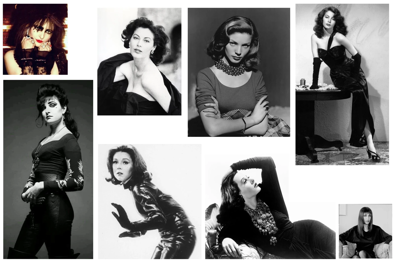 A general mood board for the character, combining aspects of the femme fatale, spy adventurer and 1980s goth subculture.