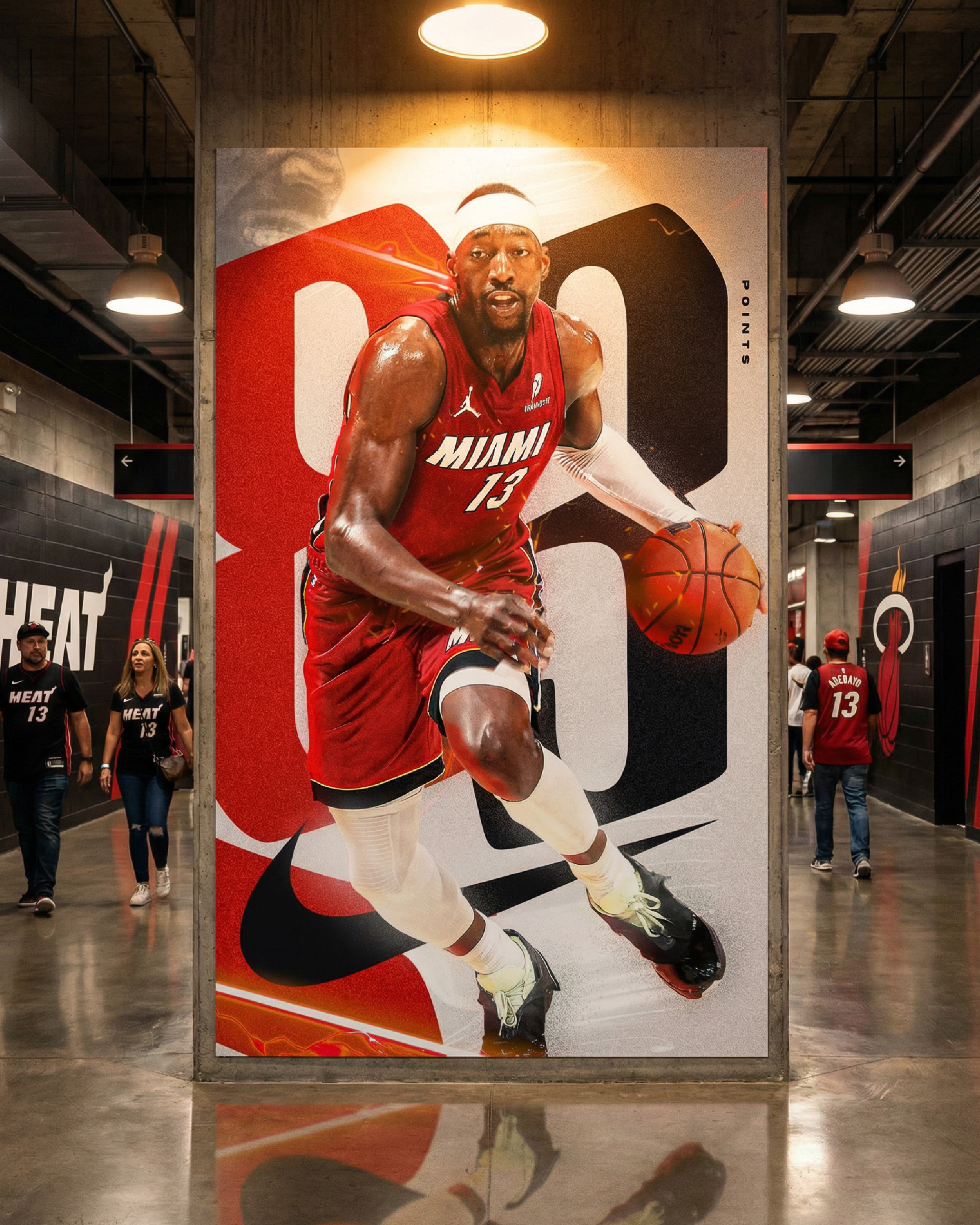 What this graphic would look like mounted inside Kaseya Center. Heat fans walking past in number 13 jerseys. This is where a moment this historic belongs