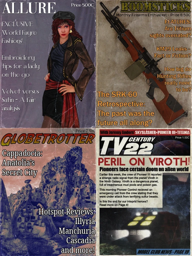 Four magazine covers. The fourth was based on Gerry Anderson's TV21 magazine as a nod to his influence on TLG.