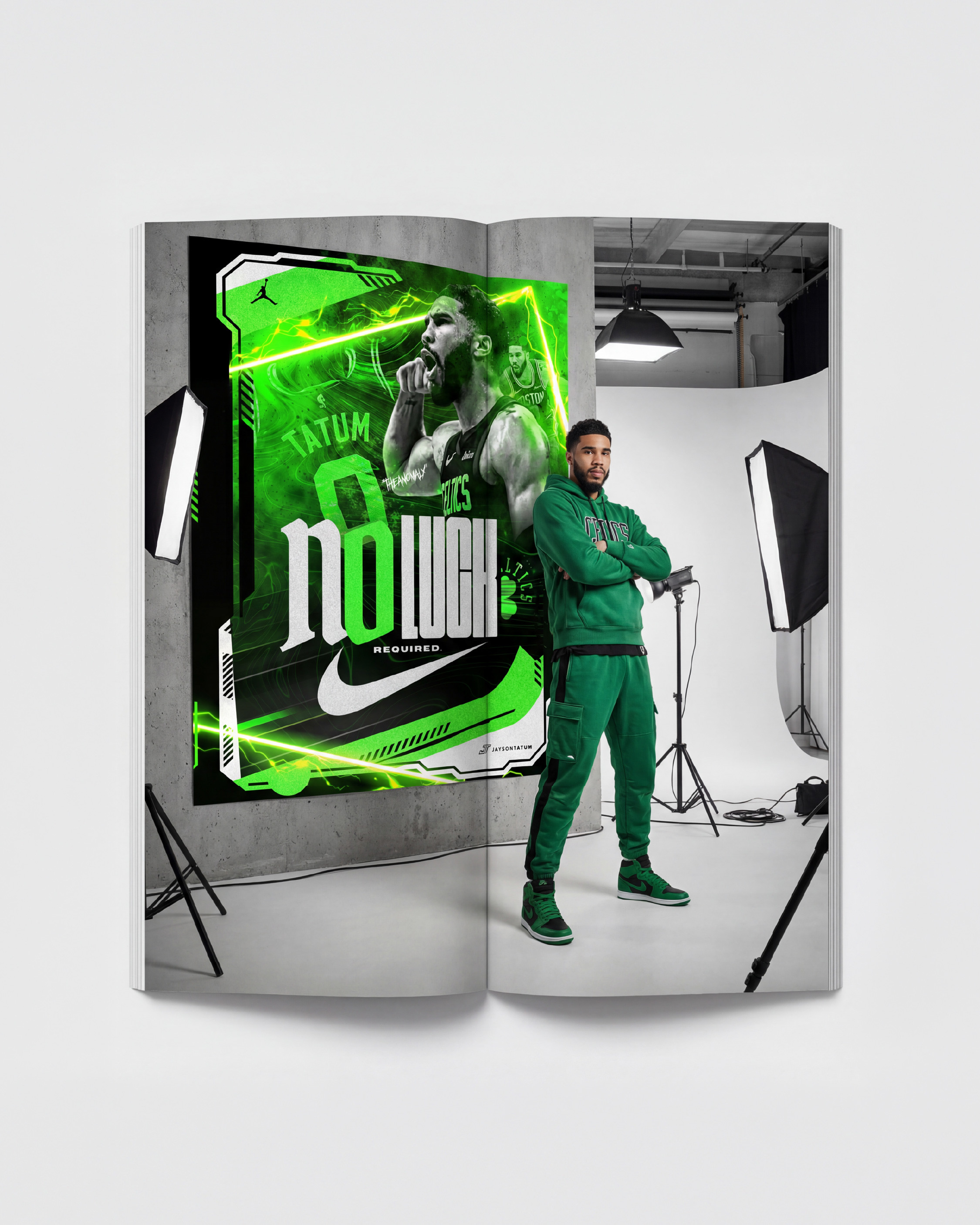 Open magazine spread with Tatum in full Celtics green fit standing in a photo studio in front of the poster. The graphic as editorial backdrop. This is how campaigns live in print
