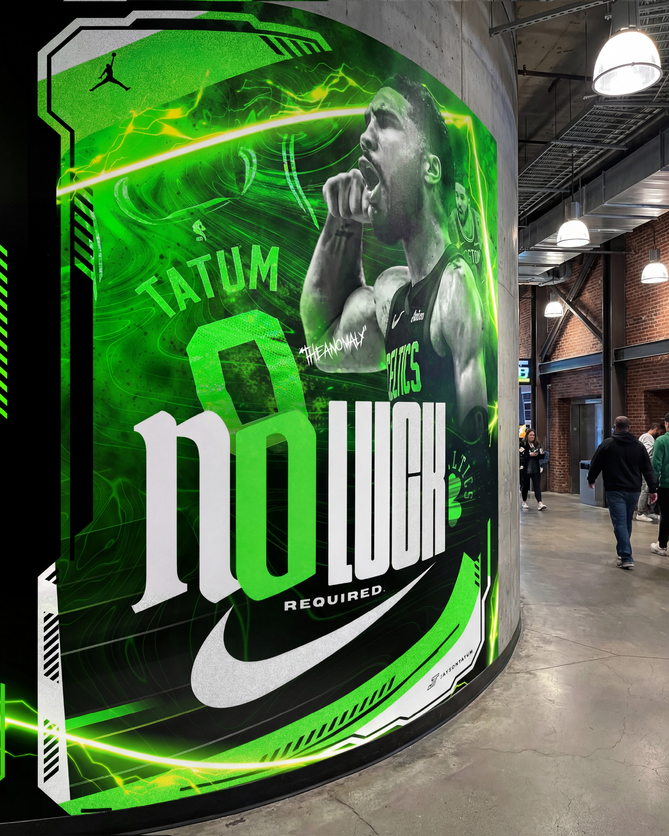 The closer. A full column wrap inside TD Garden with fans walking past. The design conforming to the curved surface of the column. This is the environment nobody expects and the one nobody forgets