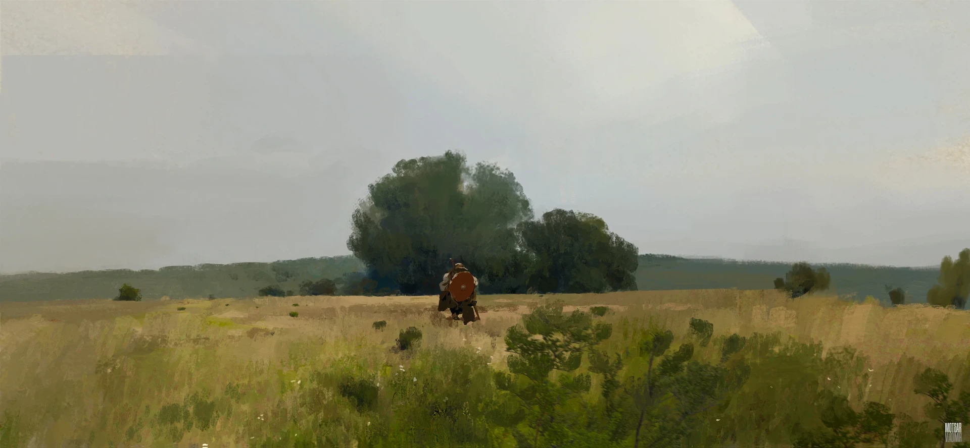 A lone adventurer crosses a field. Art by Vladimir Motsar