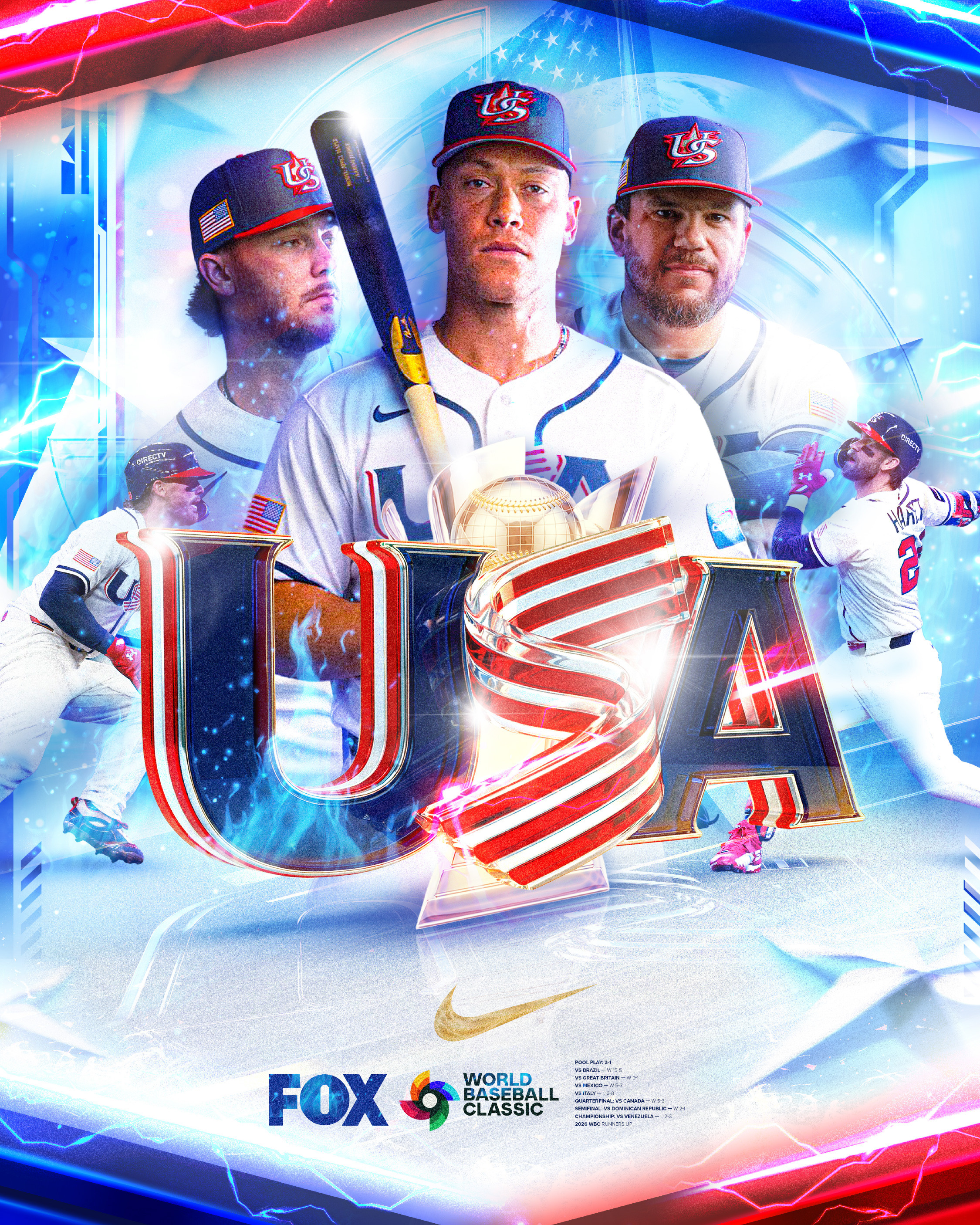 The hero piece. Aaron Judge centered, championship trophy locked in, full squad behind him. Cinematic energy, electric lighting, 3D striped USA lettering. Built as a championship declaration for a run that went all the way to the final out