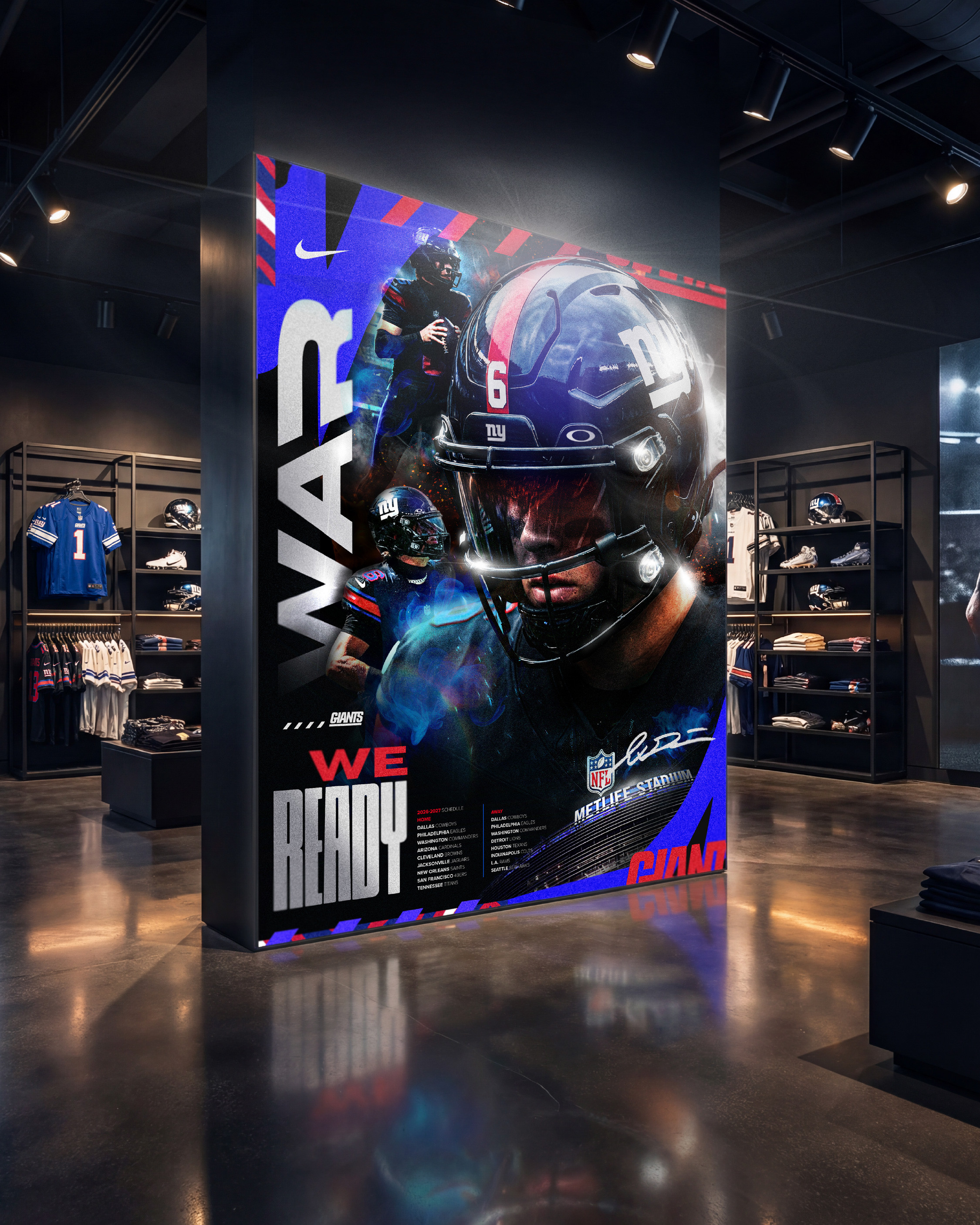 The retail environment. A Nike NFL flagship store with the campaign as the dominant feature wall display. Giants jerseys and helmets on the shelving in the background, dramatic overhead spotlighting, polished concrete floor reflection