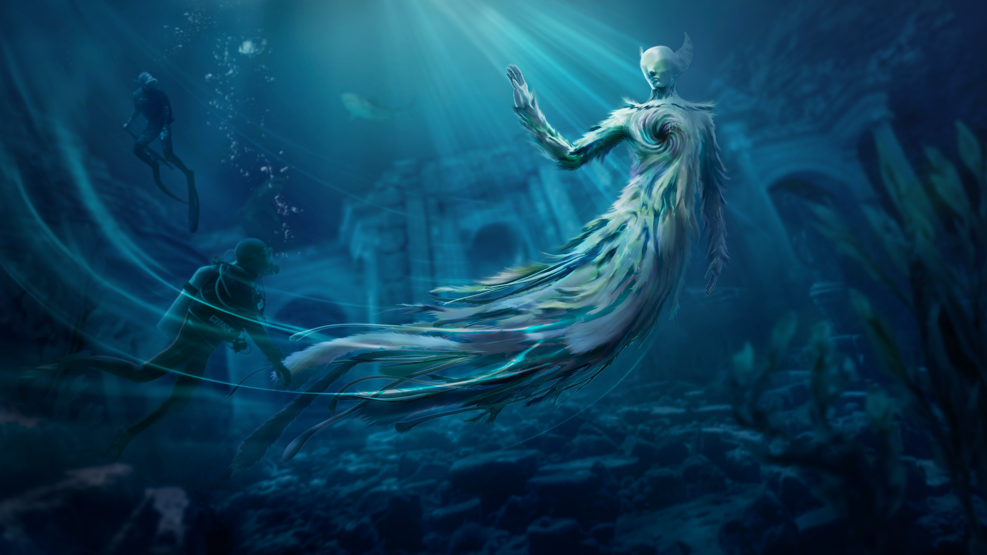 This piece explores the tension between human curiosity and forces beyond understanding. The divers are not met with aggression, but with quiet resistance — a presence that doesn’t need to fight to assert control.