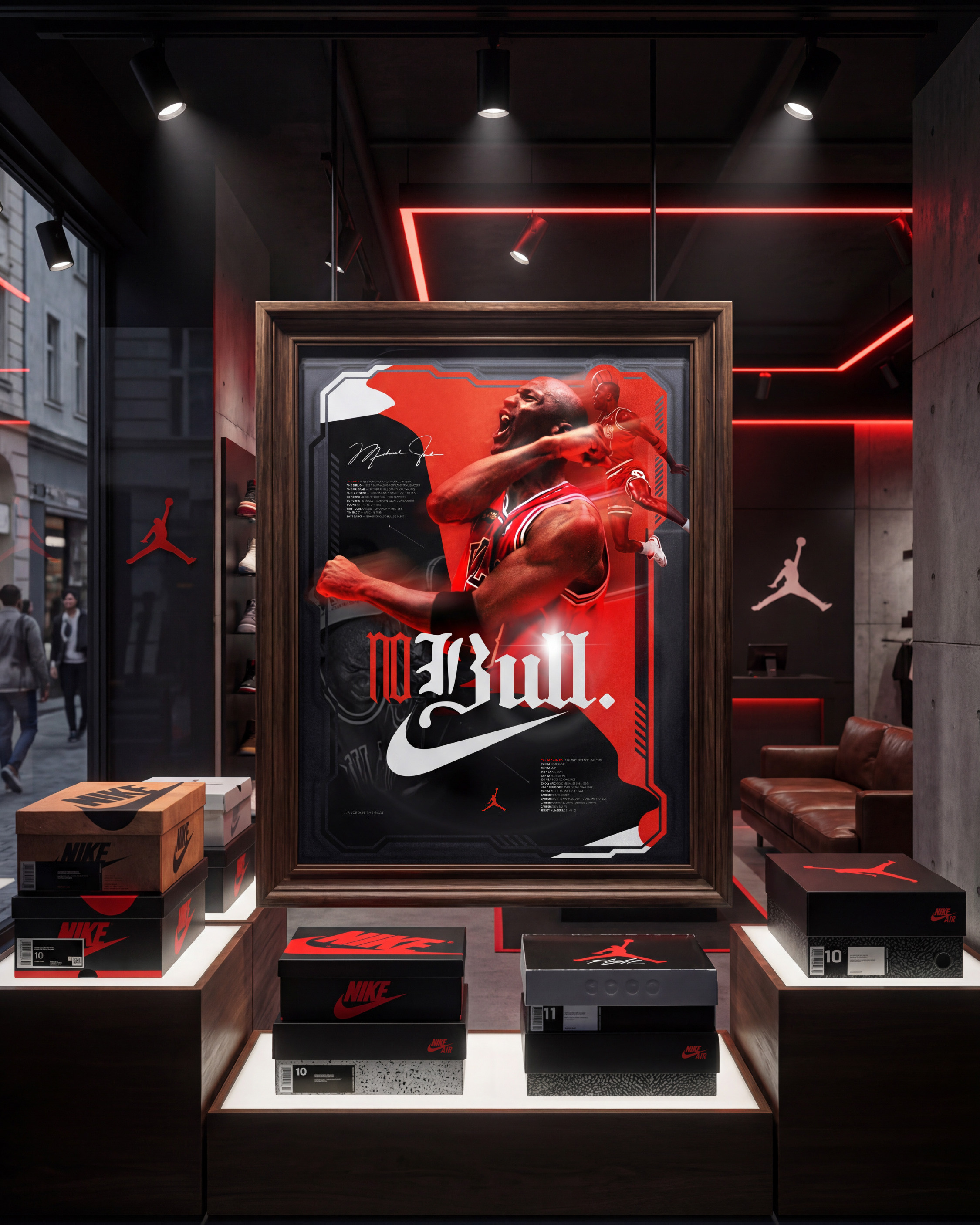 The poster installed inside a Jordan Brand retail environment. Jumpman logos on the walls, shoe boxes surrounding it, red neon lighting matching the poster palette. This is how Jordan Brand actually presents campaign creative in store 