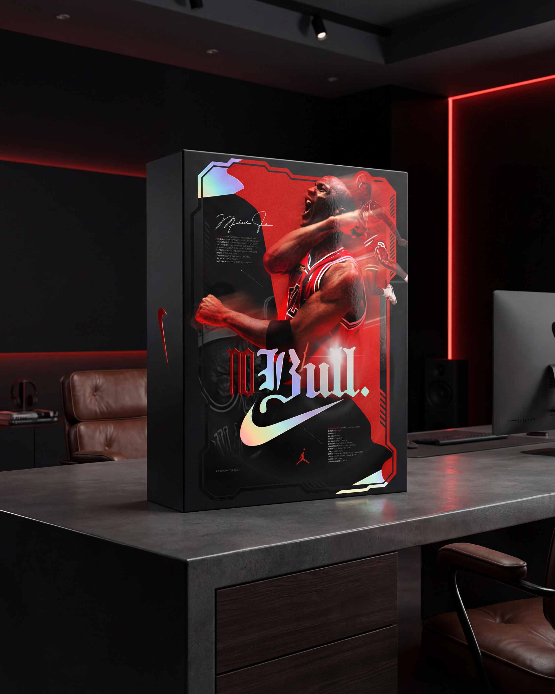 Limited edition collector box concept with holographic foil treatment on the Nike Swoosh. The matte black box against the red ambient lighting makes this feel like a $300 product that sells out in ten minutes