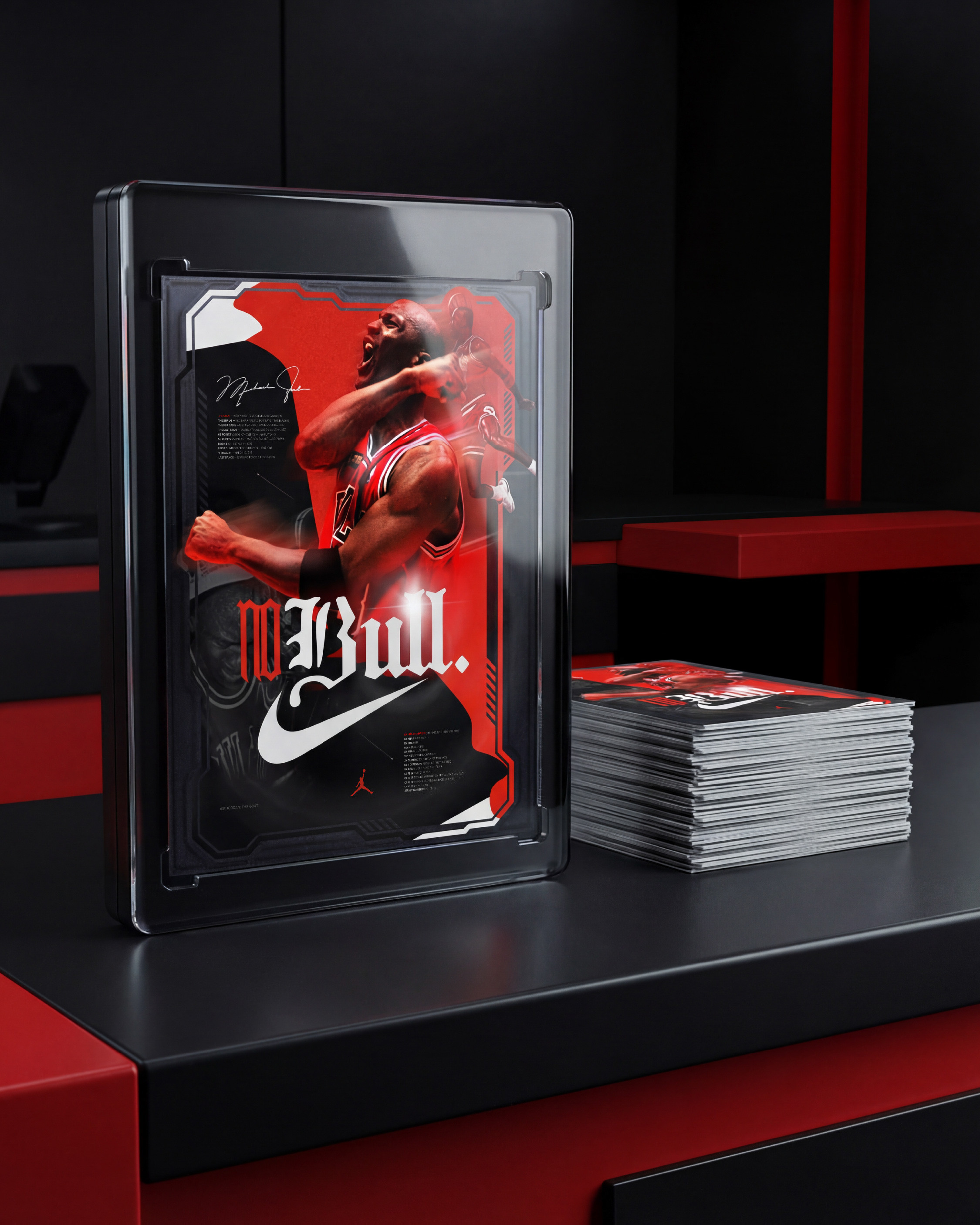 The acrylic case alongside a stack of collector print cards. This slide is about showing the identity system scaling down into smaller format merchandise and collectibles. The same creative living at every size