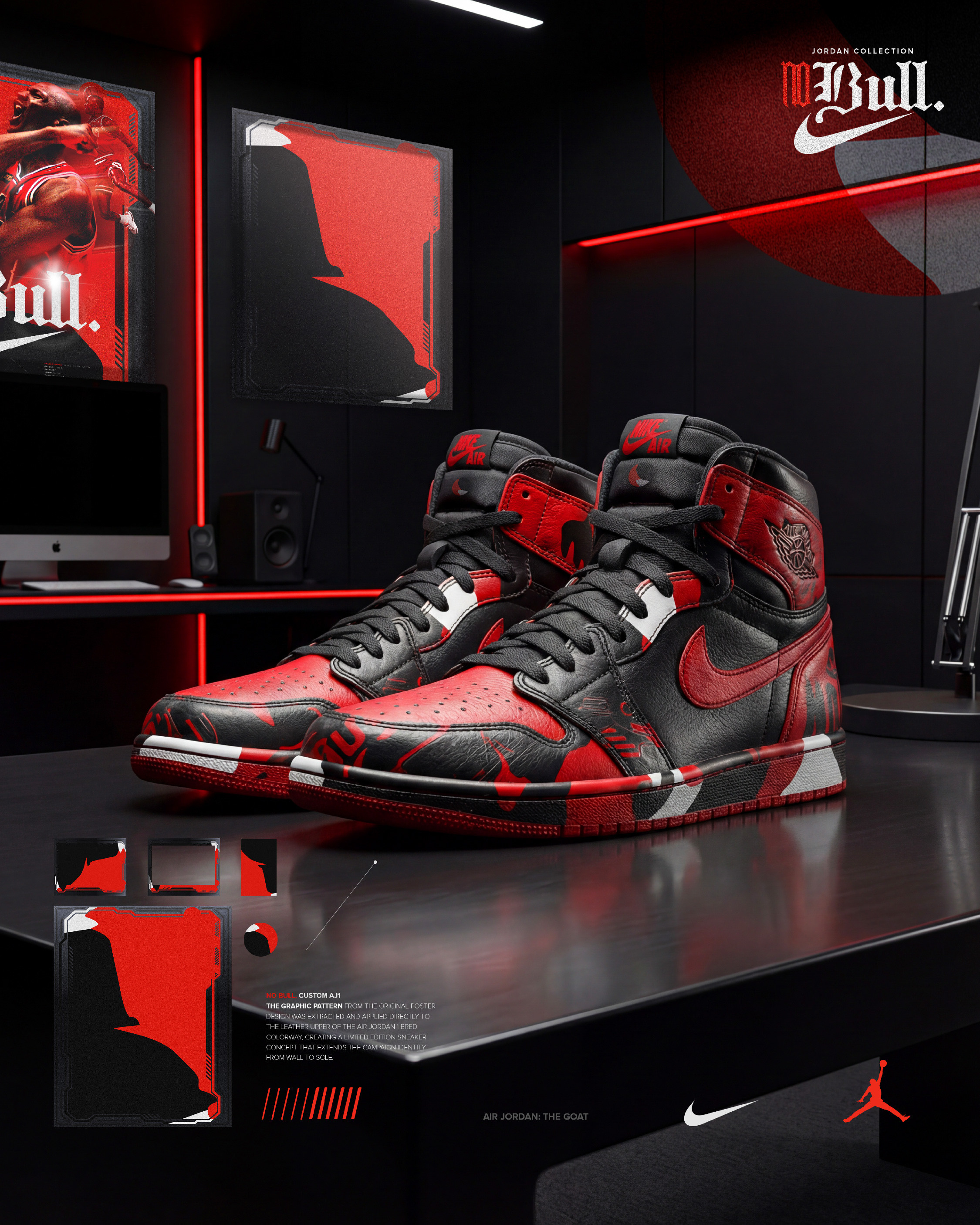 The graphic pattern from the original poster design was extracted and applied directly to the leather upper of the Air Jordan 1 Bred colorway, creating a limited edition sneaker concept that extends the campaign identity from wall to sole