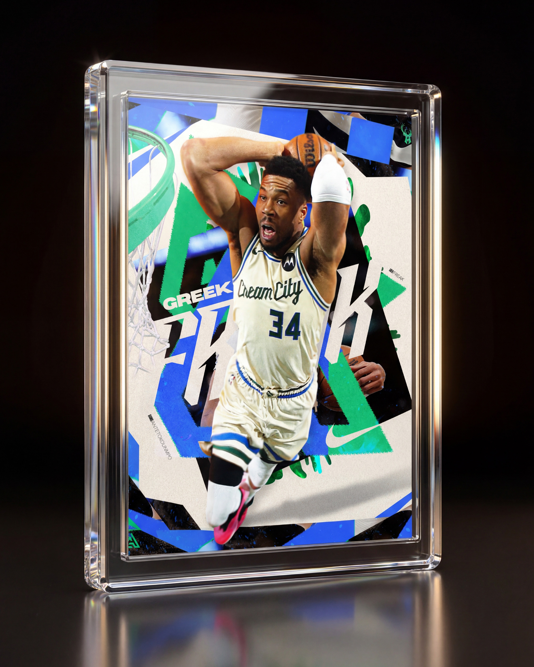 The design rendered as a physical trading card in a crystal clear acrylic hard case. Clean, minimal, premium