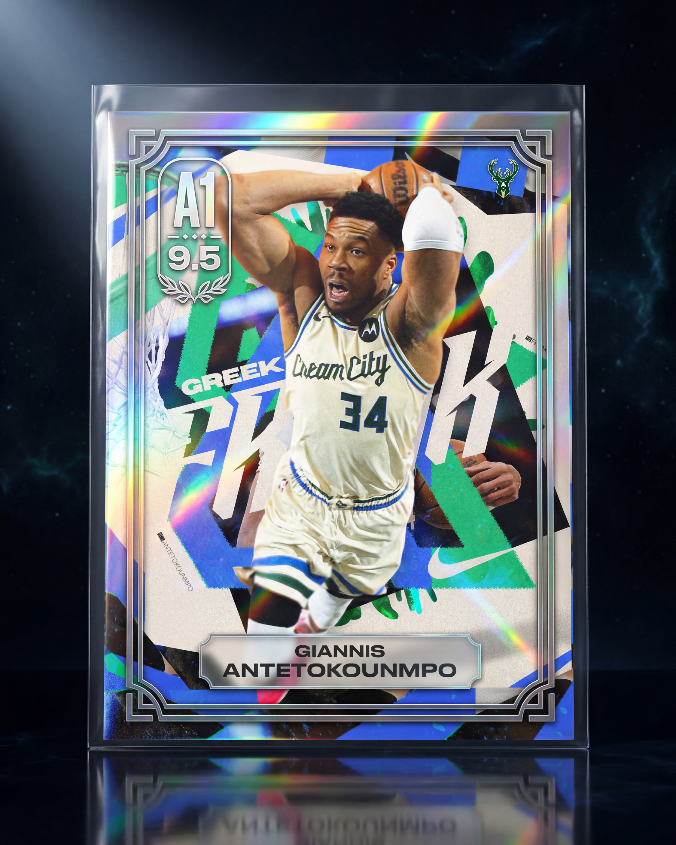 The most elevated presentation in the campaign. A1 9.5 grade badge, holographic rainbow prismatic acrylic edges, Giannis nameplate at the bottom. Gem Mint condition. Vault worthy