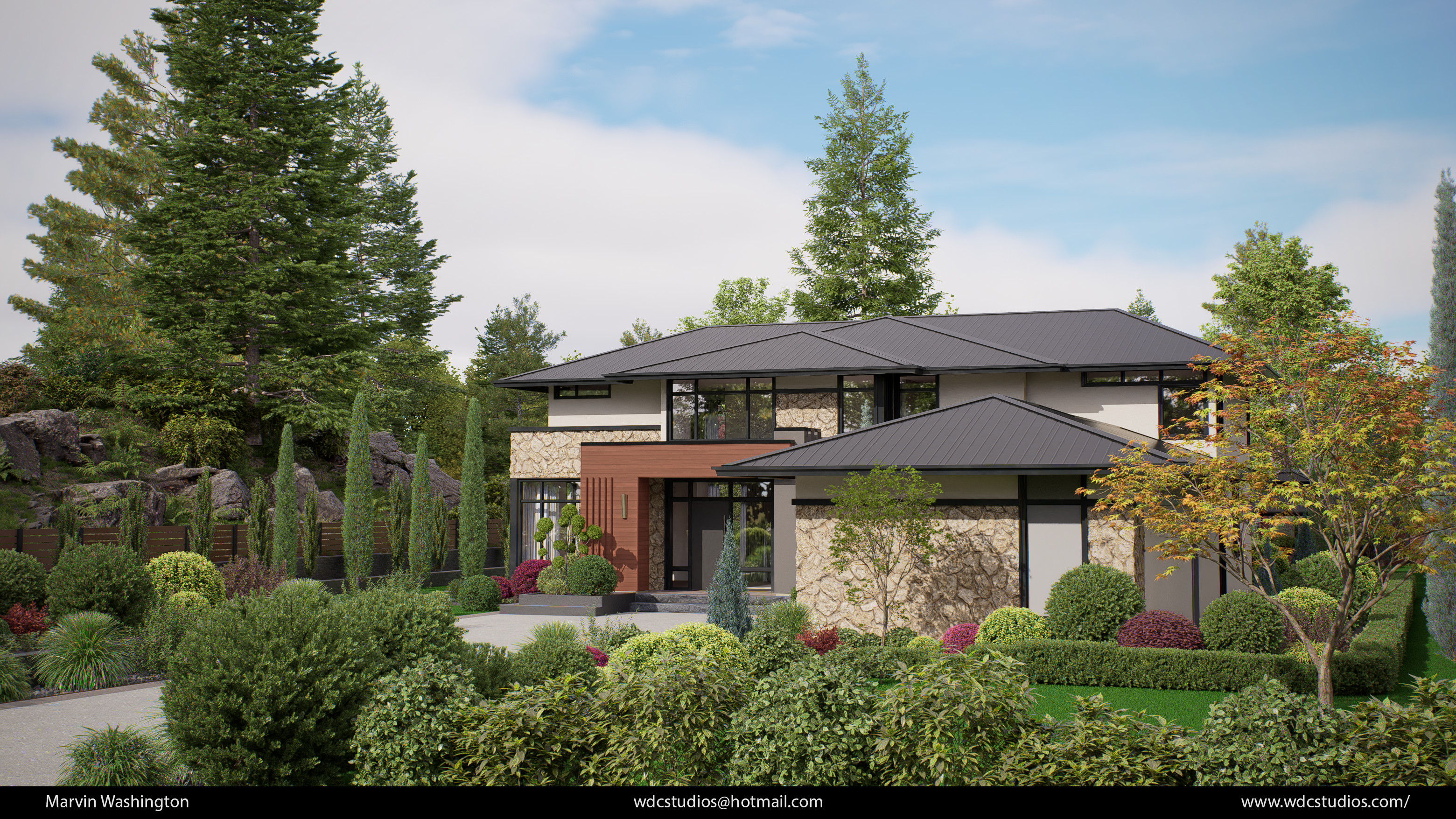 D5 Render of the house, landscaping and background elements.