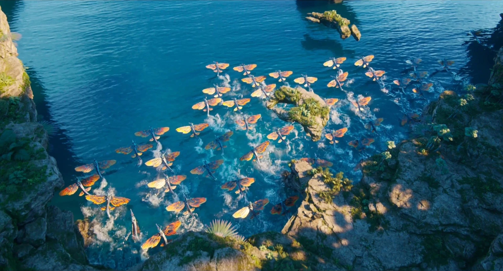 Primary foliage dressing across coastal cliffs and islands, combining procedural scattering with hand-painted detail