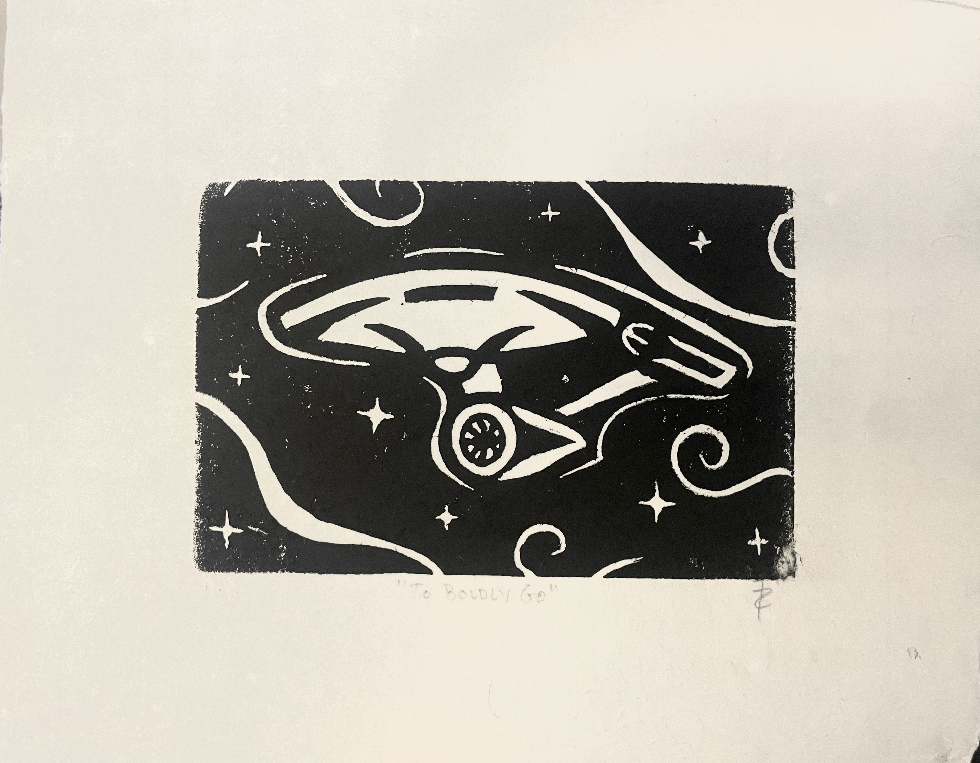 "To Boldly Go" Linocut, 2025.
