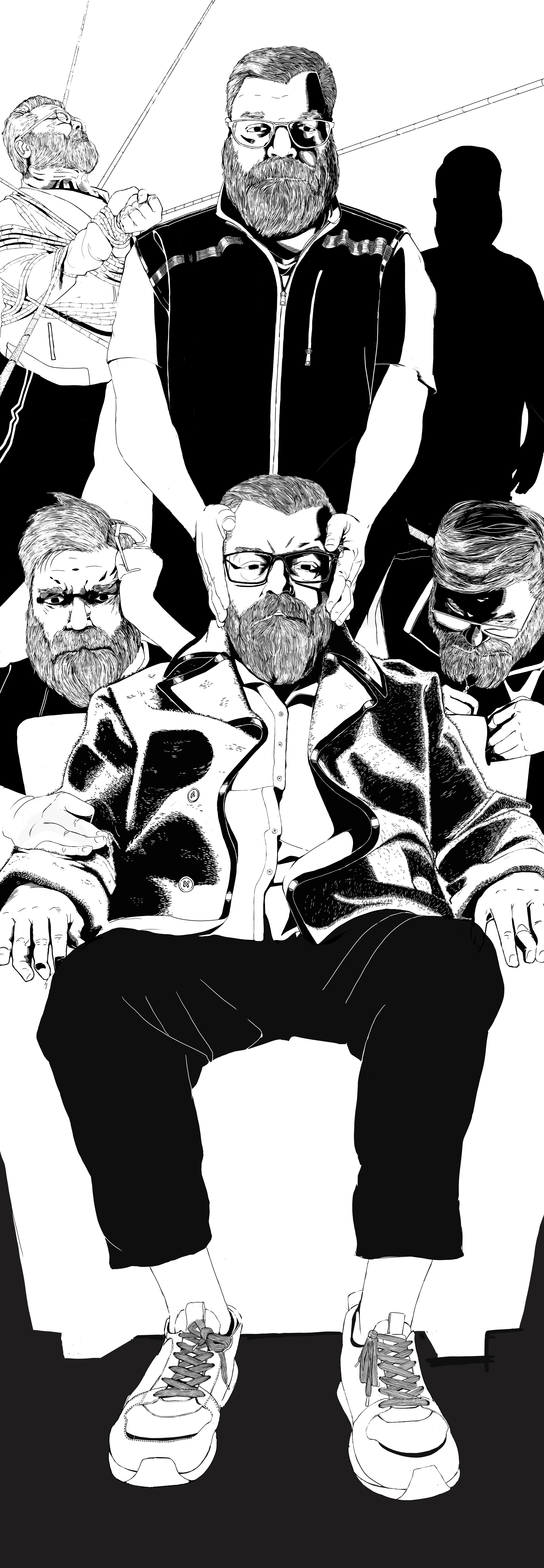 The artist sits in a chair with a felt coat, black pants, and running shoes. They have a beard, glasses and look straight forward. Five figures of the artist are behind them. The First is directly behind the artist with a stone face. Their hands cover the